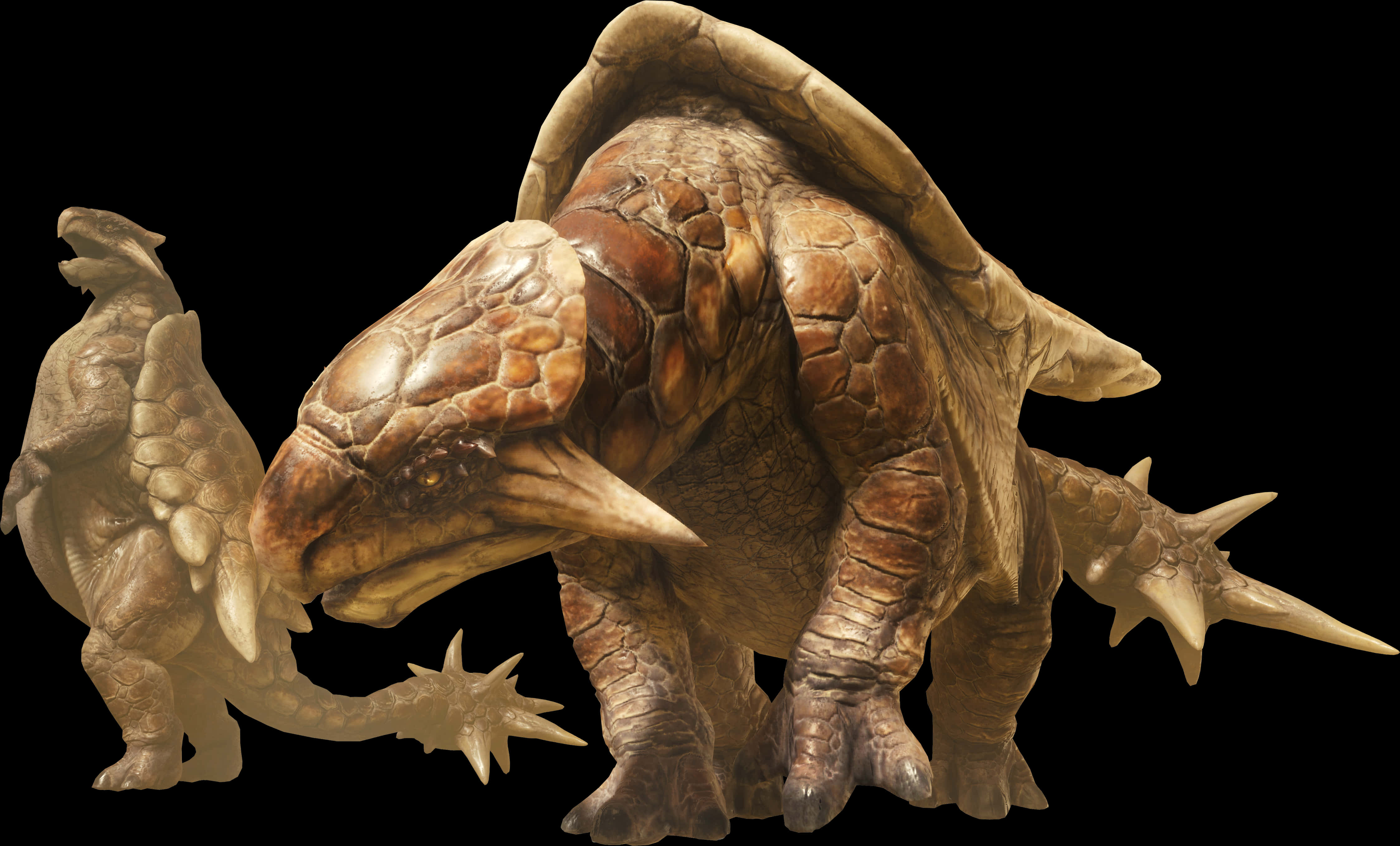Creature 桌布 壁紙 — 兩隻裝甲恐龍，長有帶刺的尾巴和骨板，站在黑色背景前，一隻較大，有突出的殼，另一隻較小且更靈活。