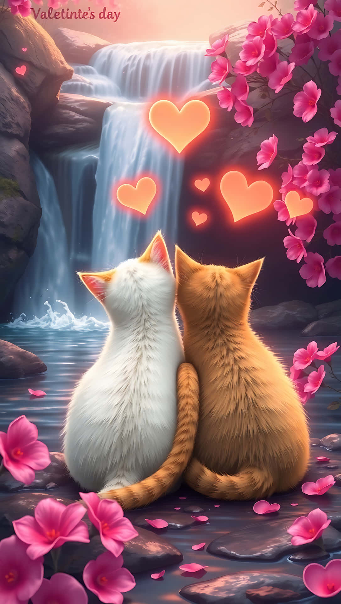 Cats in Love by a Valentine’s Stream, smartphone wallpaper 壁紙 — 兩隻貓，一白一橙，一起坐在瀑布旁，周圍環繞著發光的愛心和粉紅色的櫻花。