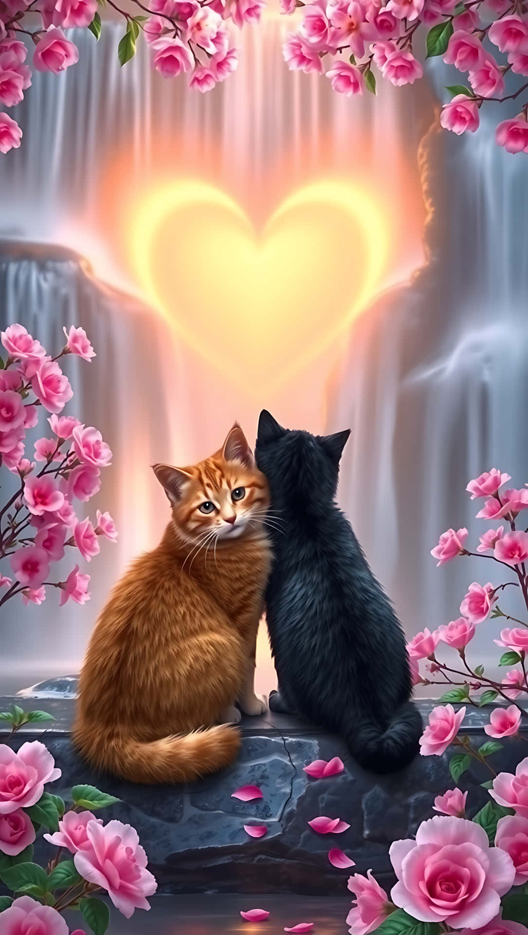 Romantic Cats by the Waterfall, smartphone wallpaper 壁紙 — 兩隻貓，一隻薑黃色一隻黑色，一起坐在一塊被粉紅玫瑰環繞的石頭上，背後有一個發光的愛心形瀑布。