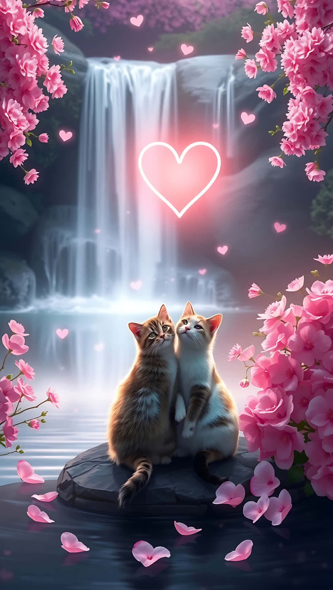 Romantic Cats by the Waterfall, smartphone wallpaper 壁紙 — 兩隻貓一起坐在岩石上，下方是發光的愛心，周圍環繞著粉紅色的櫻花和瀑布。
