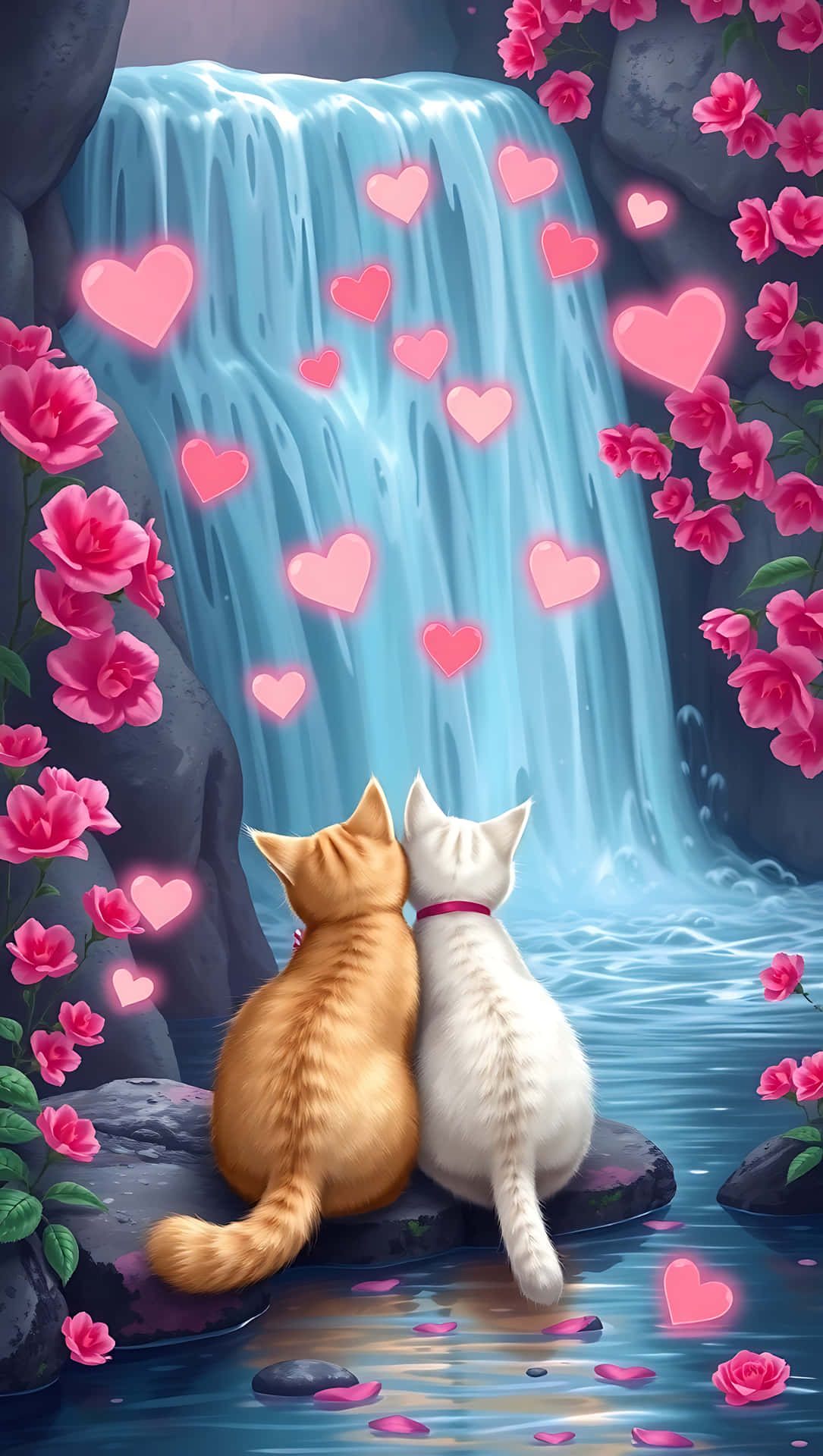 Cats in Love by a Valentine’s Stream, smartphone wallpaper 壁紙 — 兩隻貓並排坐在岩石上，凝視著一個層疊的瀑布，周圍環繞著盛開的粉紅玫瑰和漂浮的愛心。