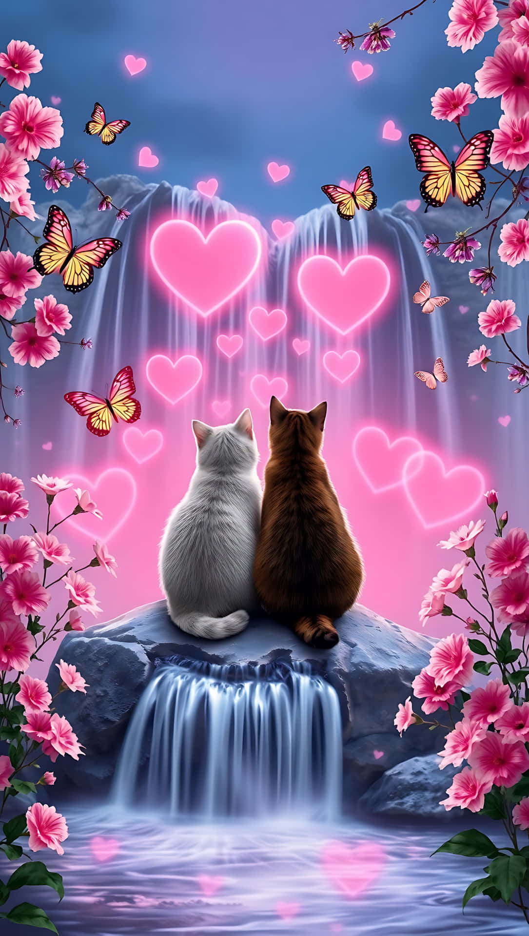 Valentine’s Serenity: Cats and Love Glow. smartphone wallpaper 壁紙 — 兩隻貓並排坐在岩石上，看著發光的粉紅色心形順著瀑布飄落，周圍環繞著粉紅色的花朵和蝴蝶。