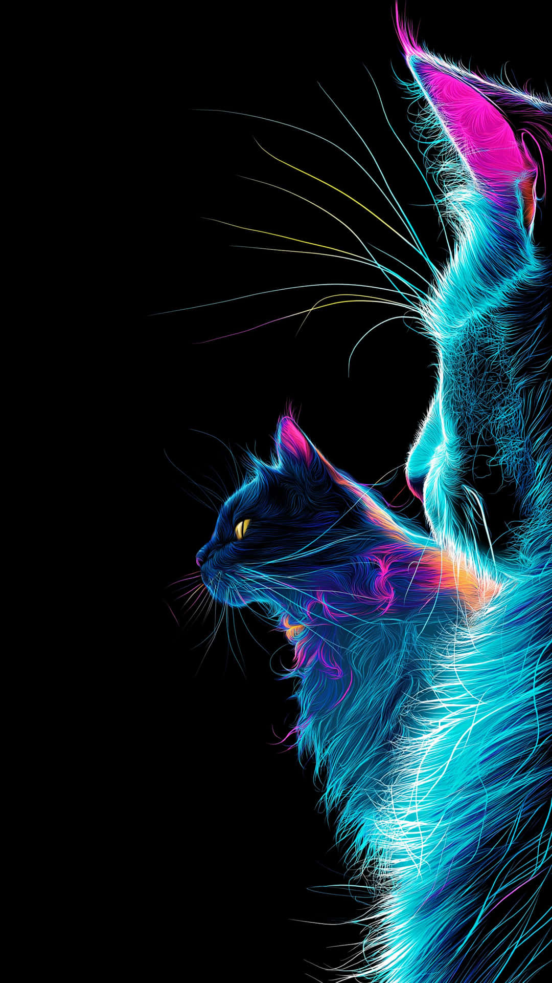 Vibrant neon feline glow against a dark canvas, showcasing a pair of mystical cats 壁紙 — 兩隻貓以發光的藍色、粉紅色和黃色霓虹線條呈現，背景為純黑色。