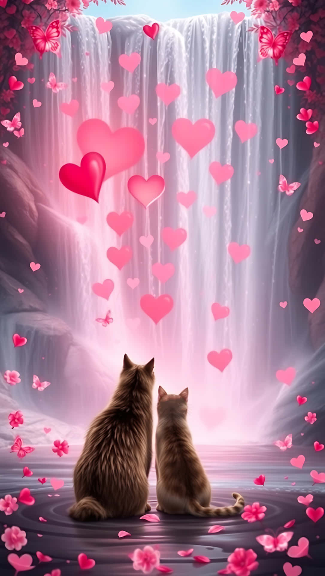 Love Cascades: Waterfall of Hearts, smartphone wallpaper 壁紙 — 兩隻貓咪面向發光的瀑布而坐，粉紅色的愛心和蝴蝶在它們周圍飄浮，營造出夢幻浪漫的場景。