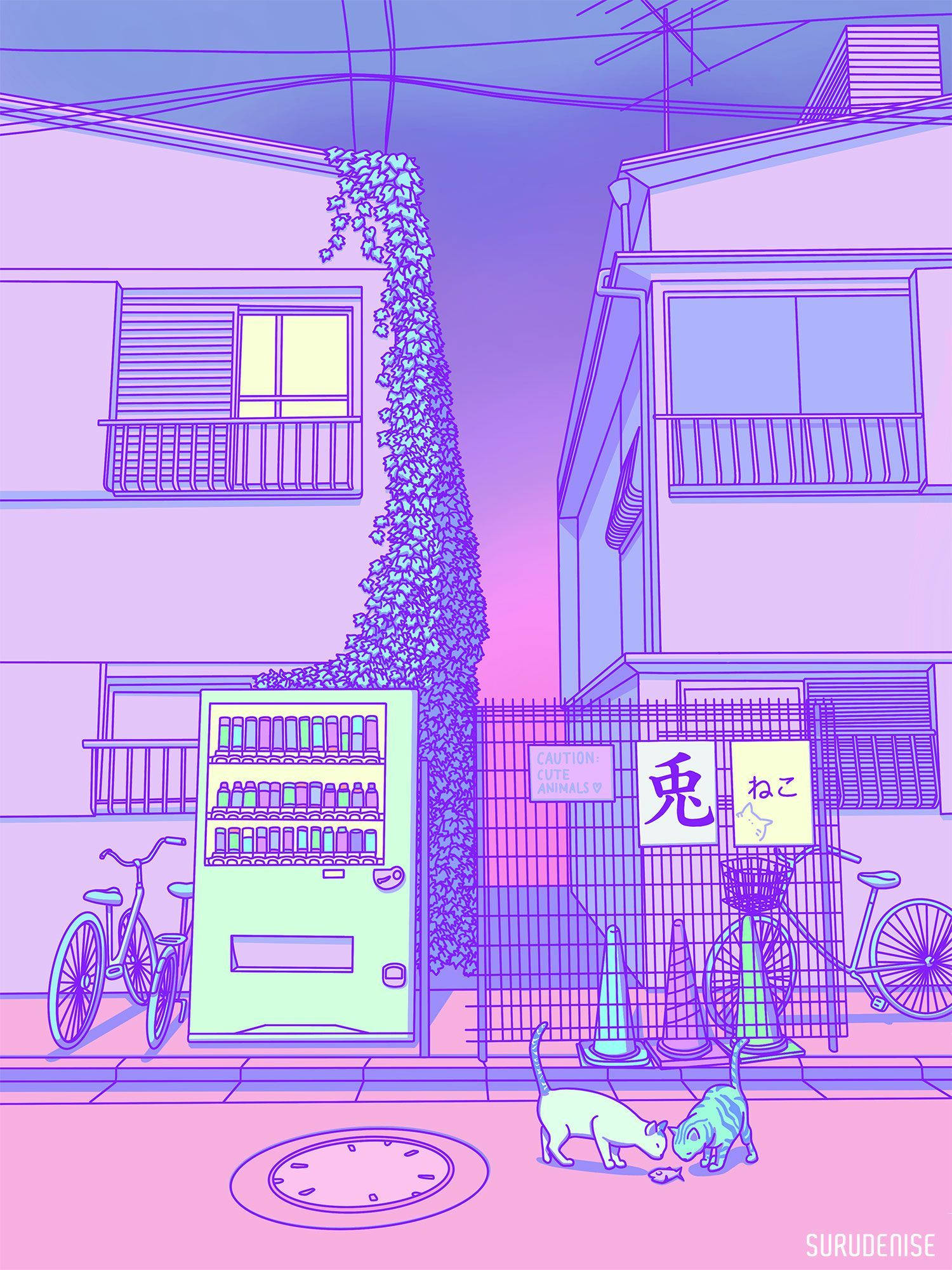 日式藝術 桌布 壁紙 — 兩隻貓在公寓大樓之間的霓虹粉紅和紫色插圖小巷中，在發光的自動販賣機附近玩耍。