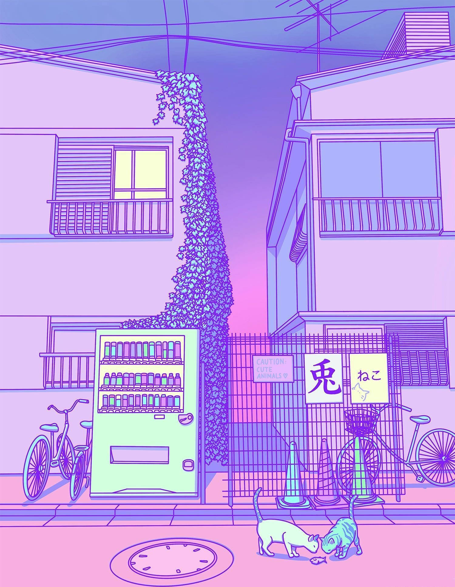 淺粉色調 桌布 壁紙 — 兩隻貓在公寓大樓之間的霓虹粉紫小巷中，靠近發光的自動販賣機嗅著零食。