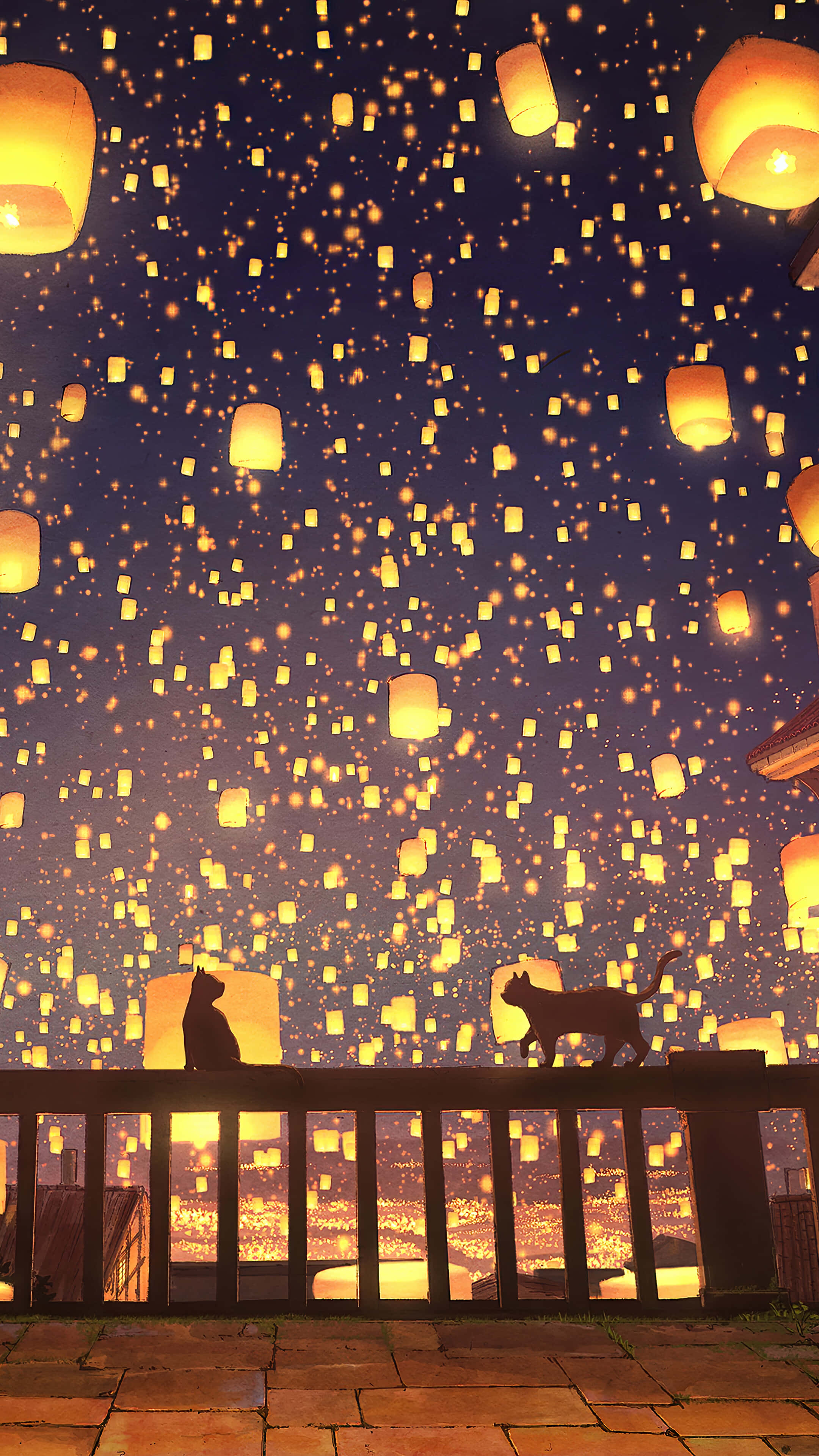 Lantern 桌布 壁紙 — 兩隻貓在陽台上形成剪影，仰望夜空中充滿發光漂浮的燈籠。