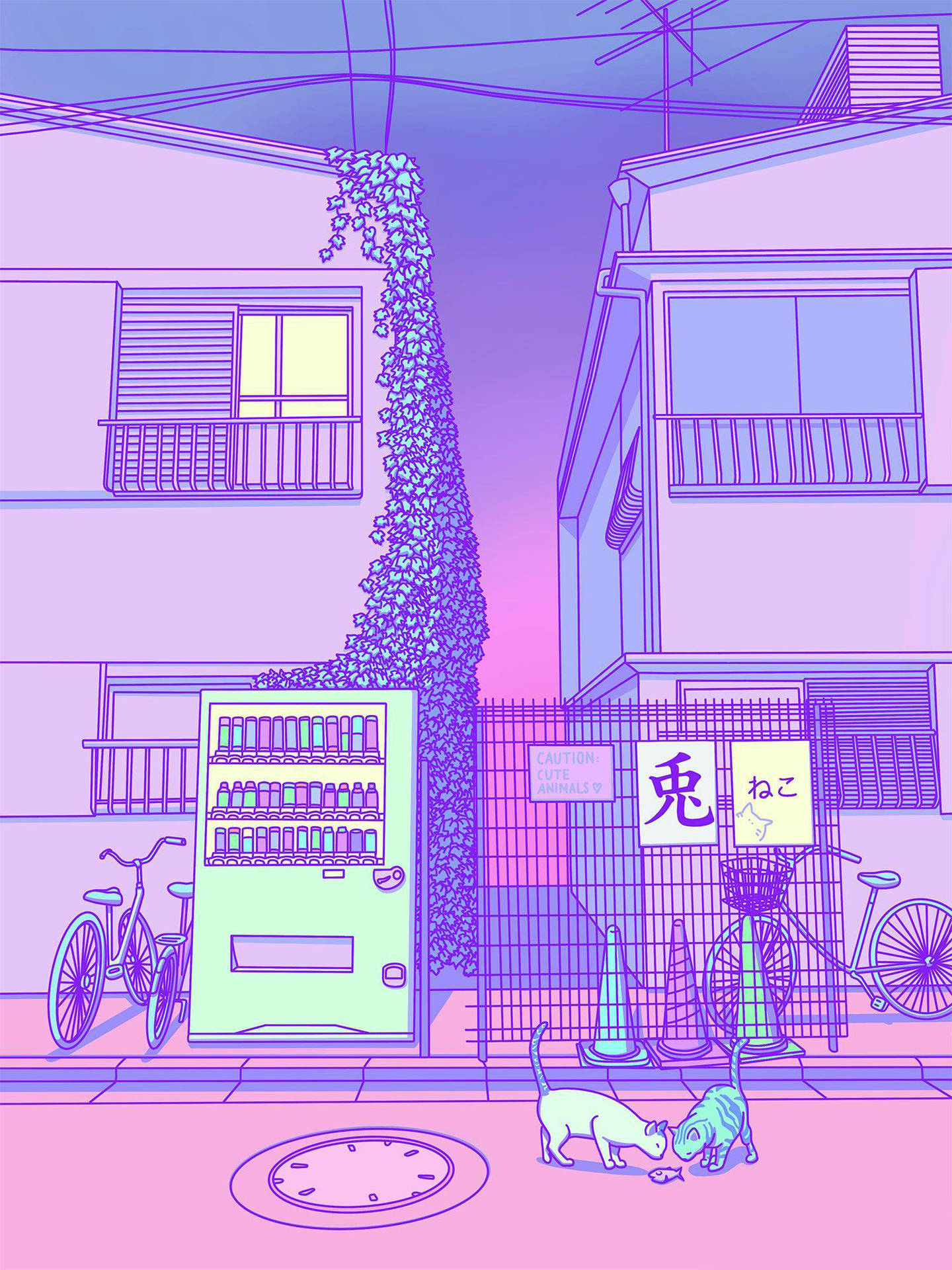 兩隻貓在風格化的日本小巷中靠近自動販賣機玩耍。 — 動畫風景 壁紙