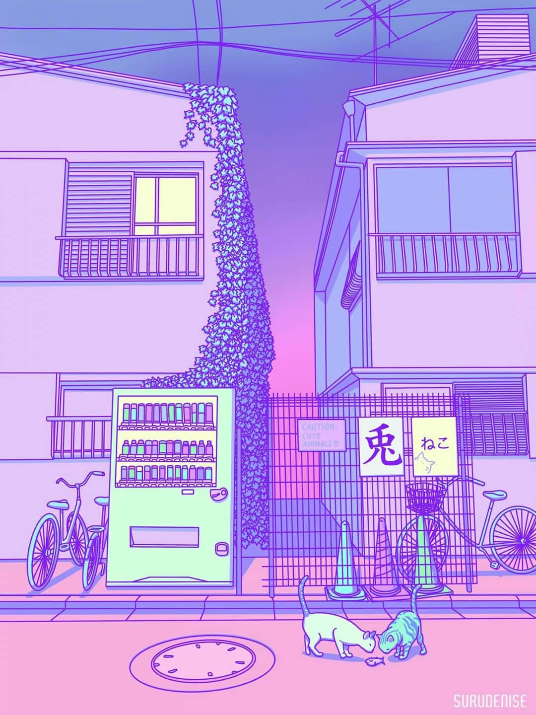 桌布 壁紙 — 兩隻貓在霓虹粉紅和紫色的日本小巷中，靠近發光的自動販賣機嗅一條魚。