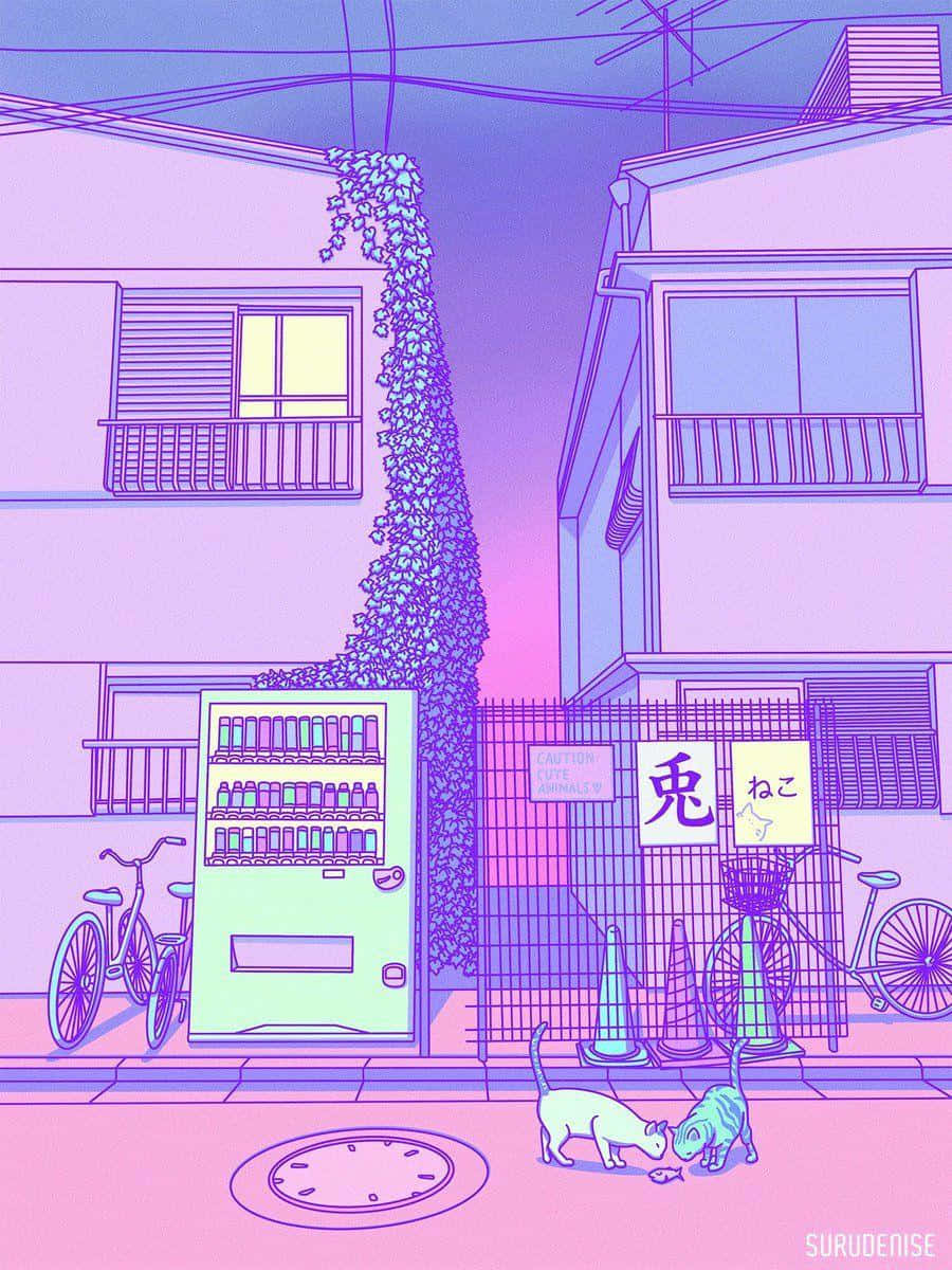 Cute Purple Aesthetic 桌布 壁紙 — 兩隻貓在黃昏時分，在霓虹粉紅色的日本小巷裡，靠近發光的自動販賣機嗅著一條魚。