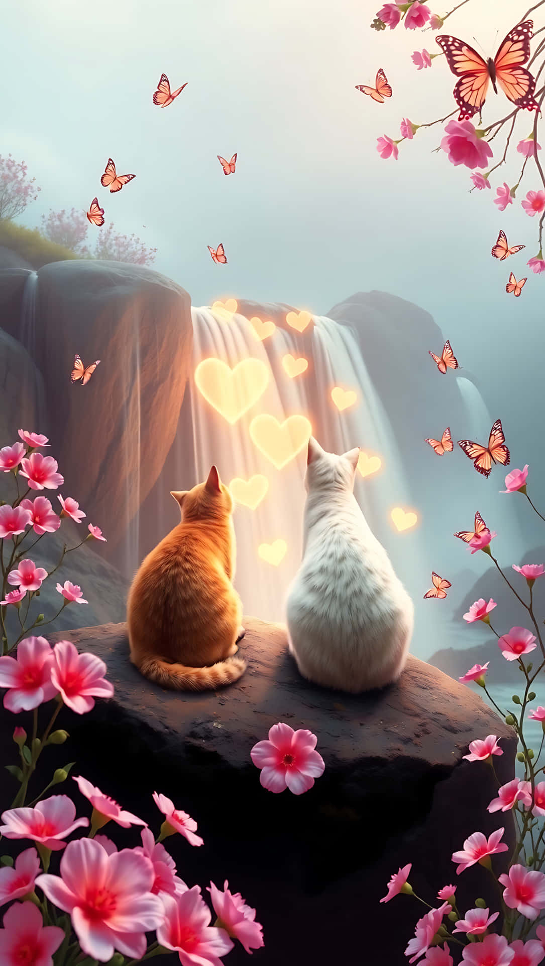 Valentine’s Serenity: Cats and Love Glow. smartphone wallpaper 壁紙 — 兩隻貓坐在岩石上，看著發光的愛心從瀑布飄出，周圍環繞著粉紅色的櫻花和蝴蝶。