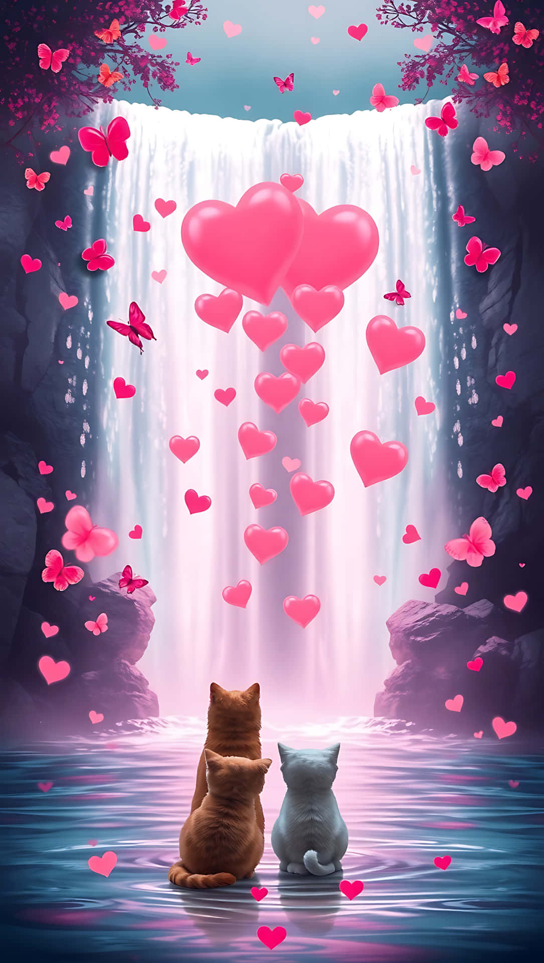 Love Cascades: Waterfall of Hearts, smartphone wallpaper 壁紙 — 兩隻貓坐在水中，凝視著被漂浮的粉紅色心形和蝴蝶環繞的發光瀑布。