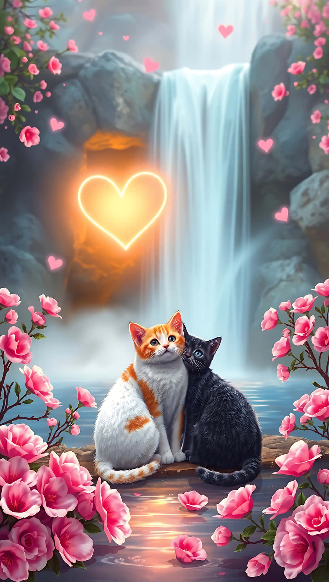 Romantic Cats by the Waterfall, smartphone wallpaper 壁紙 — 兩隻貓坐在瀑布旁，周圍環繞著粉紅色的花朵和漂浮的心形，背後有一個發光的心形燈。