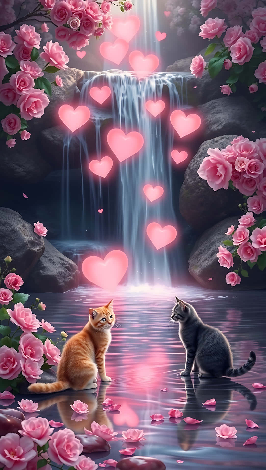 Heartfall: A Love Waterfall Scene. smartphone wallpaper 壁紙 — 兩隻貓坐在發光的瀑布旁，周圍是粉紅玫瑰和漂浮的心形，在魔法森林場景中。