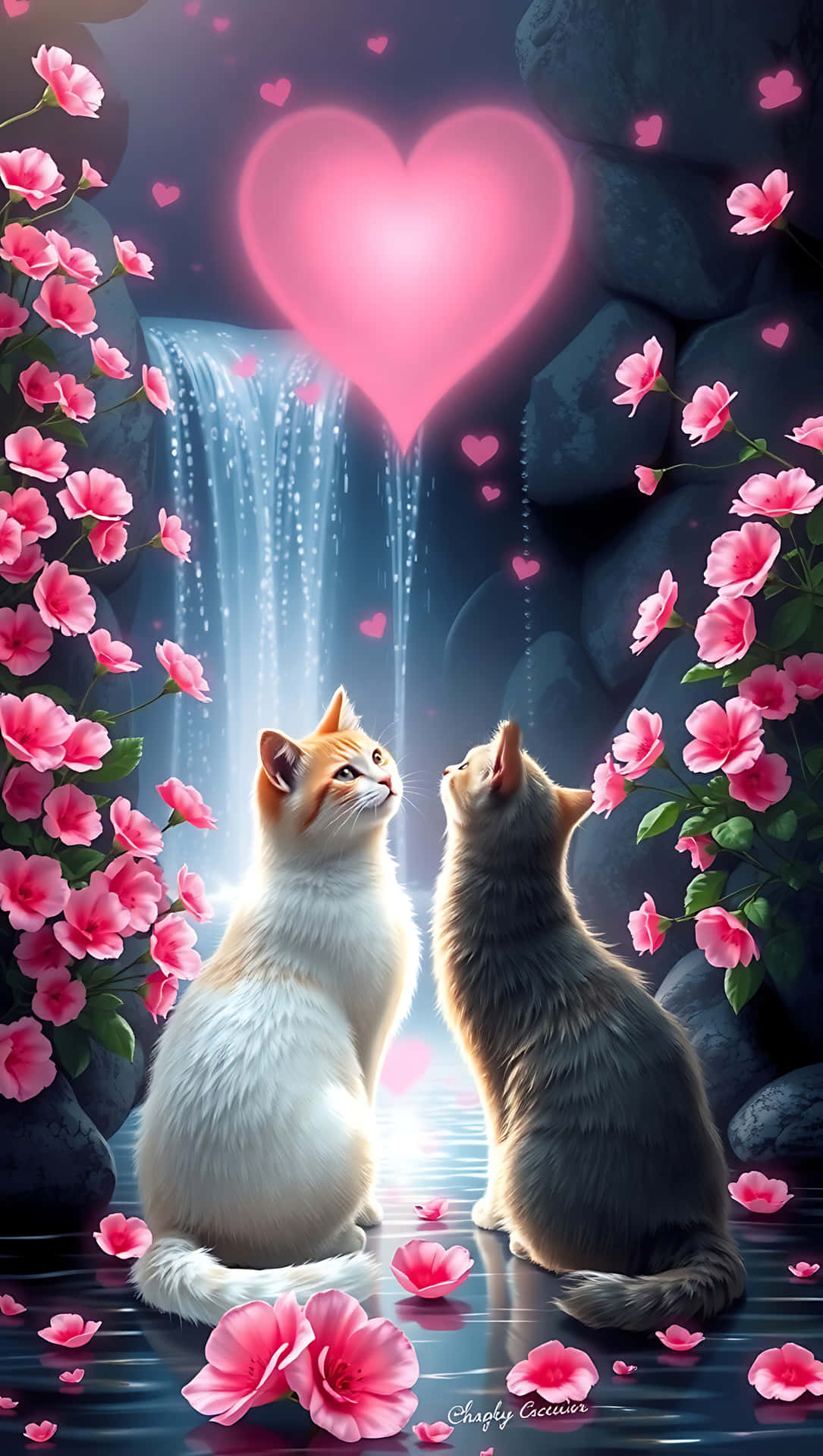 Romantic Cats by the Waterfall, smartphone wallpaper 壁紙 — 兩隻貓坐在發光的瀑布旁，周圍是粉紅色的櫻花，凝視著上方漂浮的閃亮粉紅色心形。