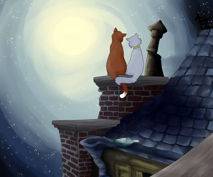 aristocats 桌布 壁紙 — 兩隻貓坐在磚砌煙囪頂上，下方是發光的月亮和繁星點點的夜空。