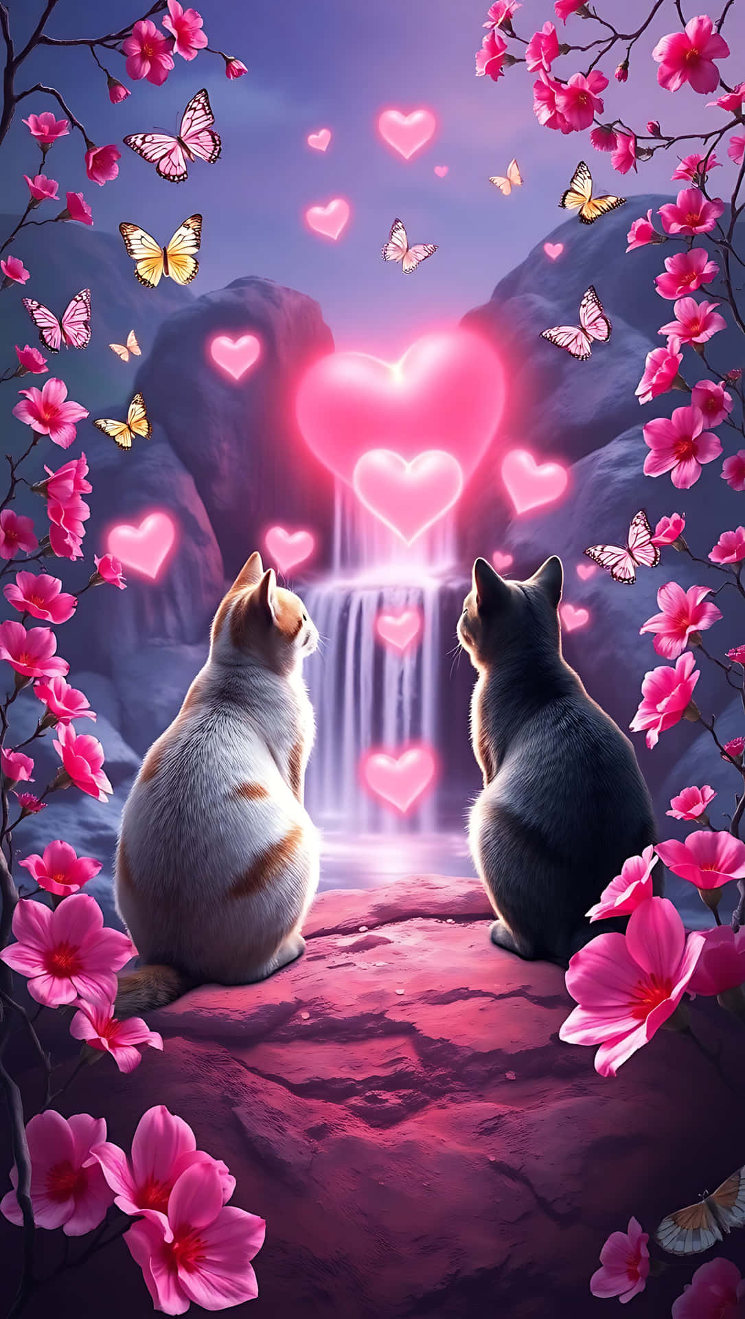 Valentine’s Serenity: Cats and Love Glow. smartphone wallpaper 壁紙 — 兩隻貓坐在粉紅色岩石上，觀看被粉紅色櫻花、漂浮的心形和蝴蝶環繞的發光瀑布。