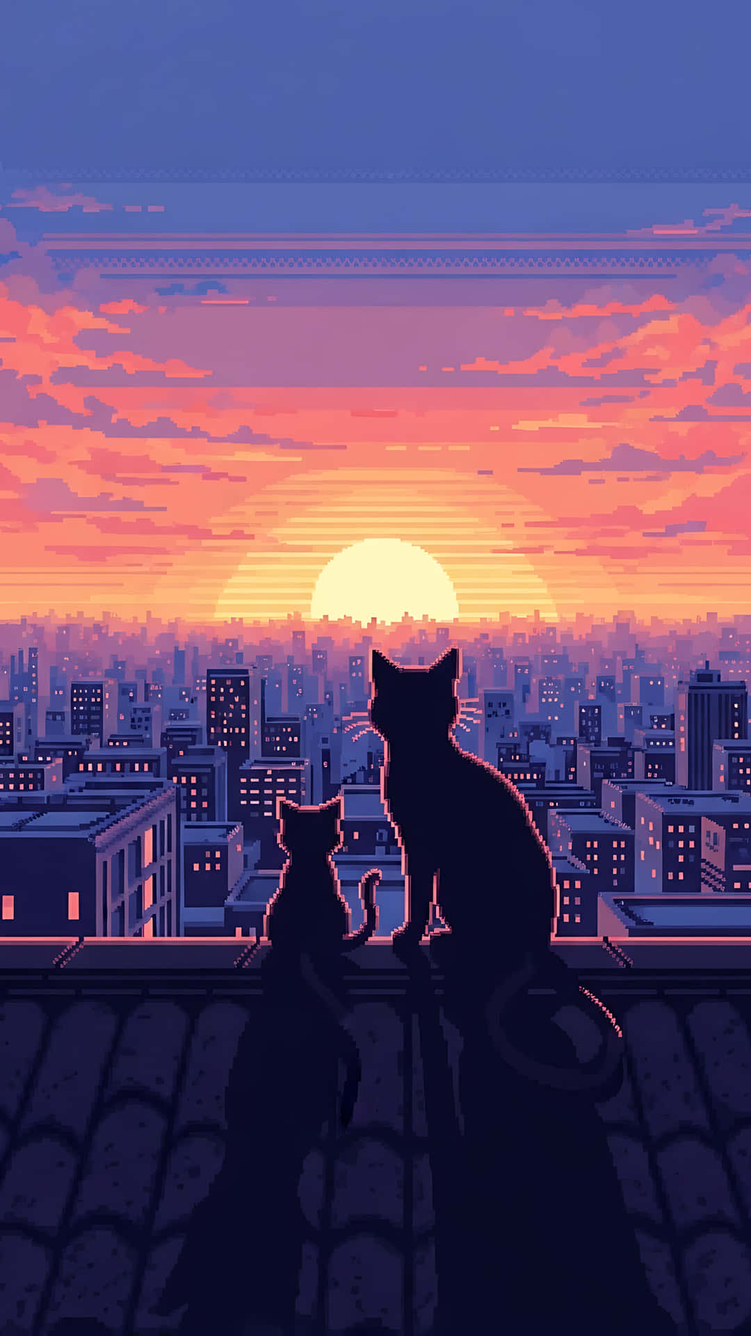 Sunset Roof top 壁紙 — 兩隻貓的剪影在屋頂上凝視著像素藝術風格中廣闊城市景觀上 vibrant 的日落。