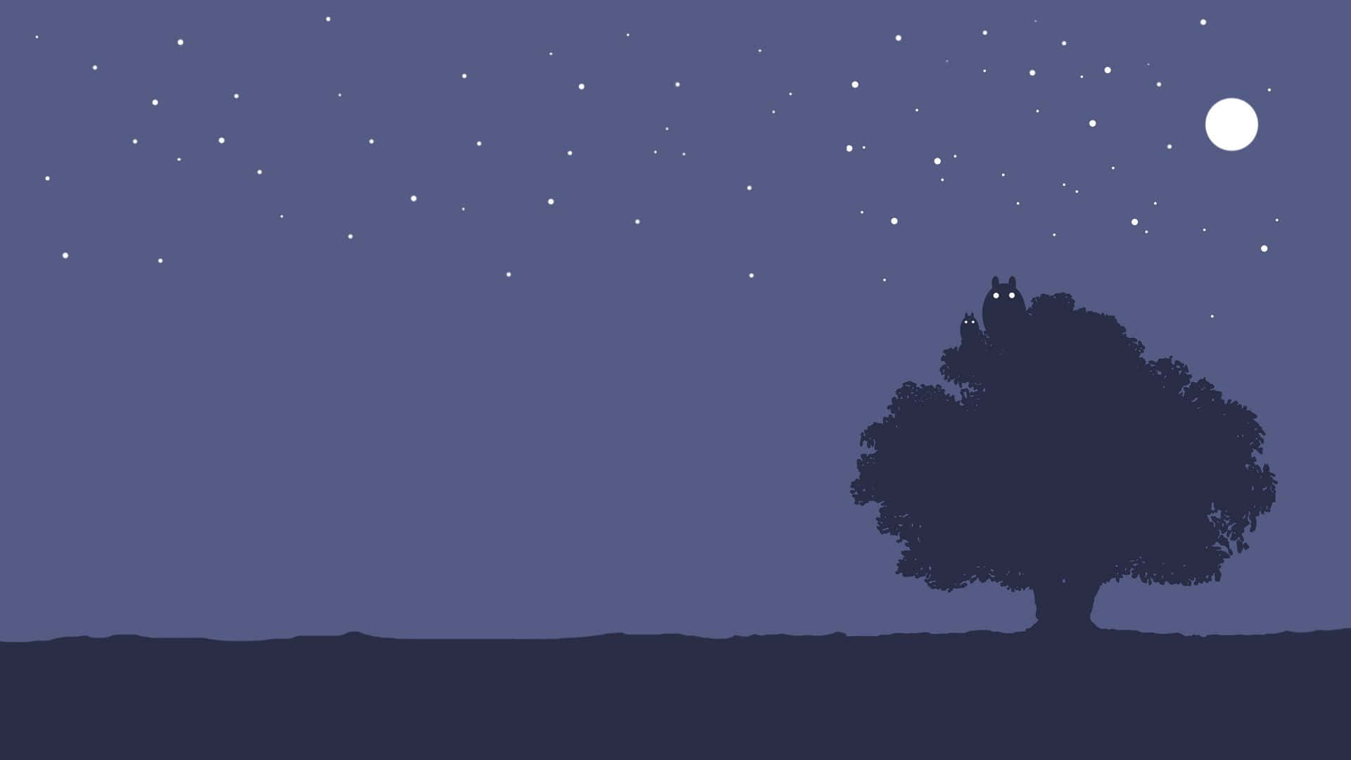 my neighbor totoro 桌布 壁紙 — 兩隻貓頭鷹棲息在一棵孤獨的樹上，背景是繁星點點的夜空和一輪明亮的月亮。