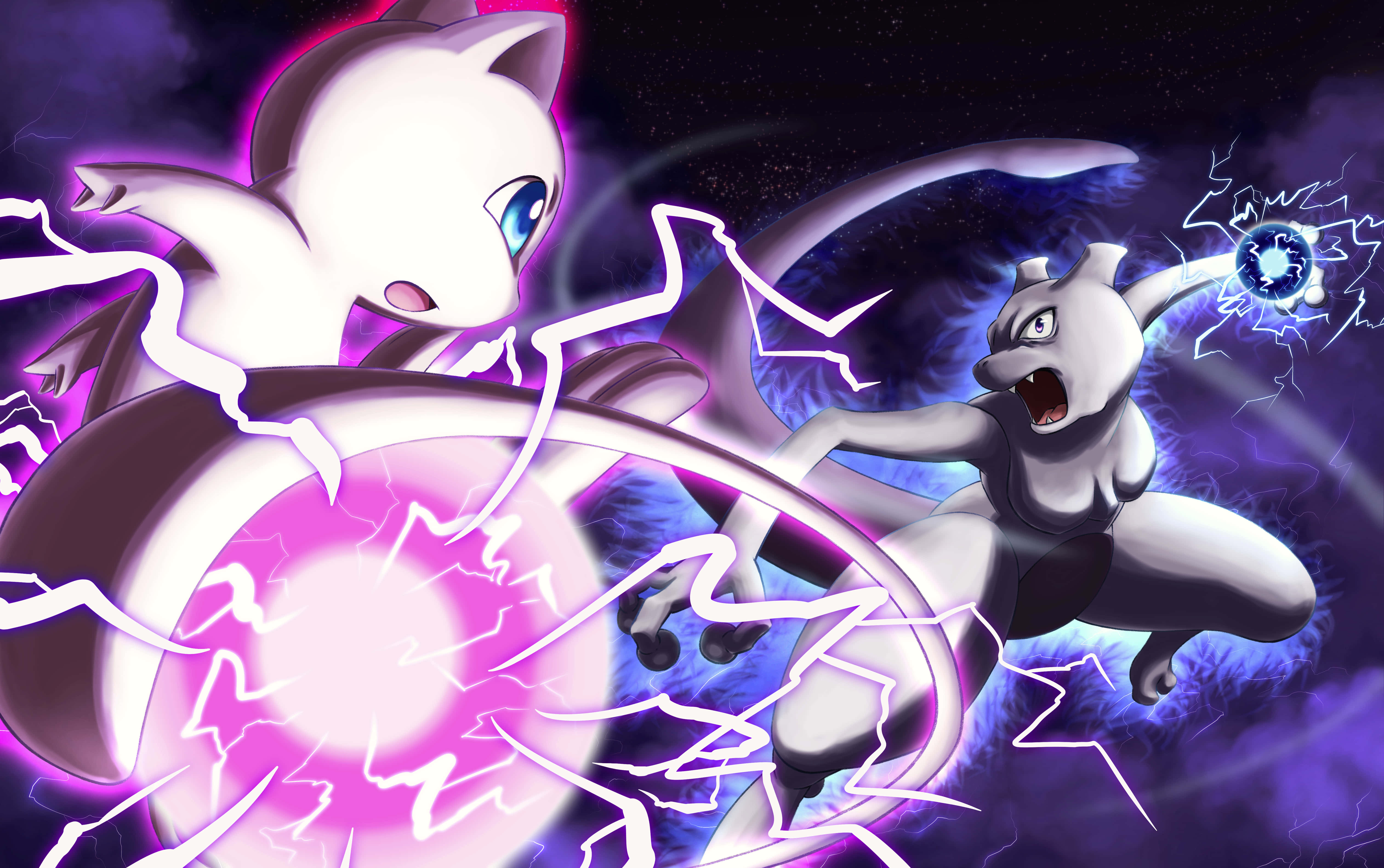 Pokemon Mew 桌布 壁紙 — 兩隻超夢在宇宙紫色背景下，以電能交戰，能量在它們之間劈啪作響。
