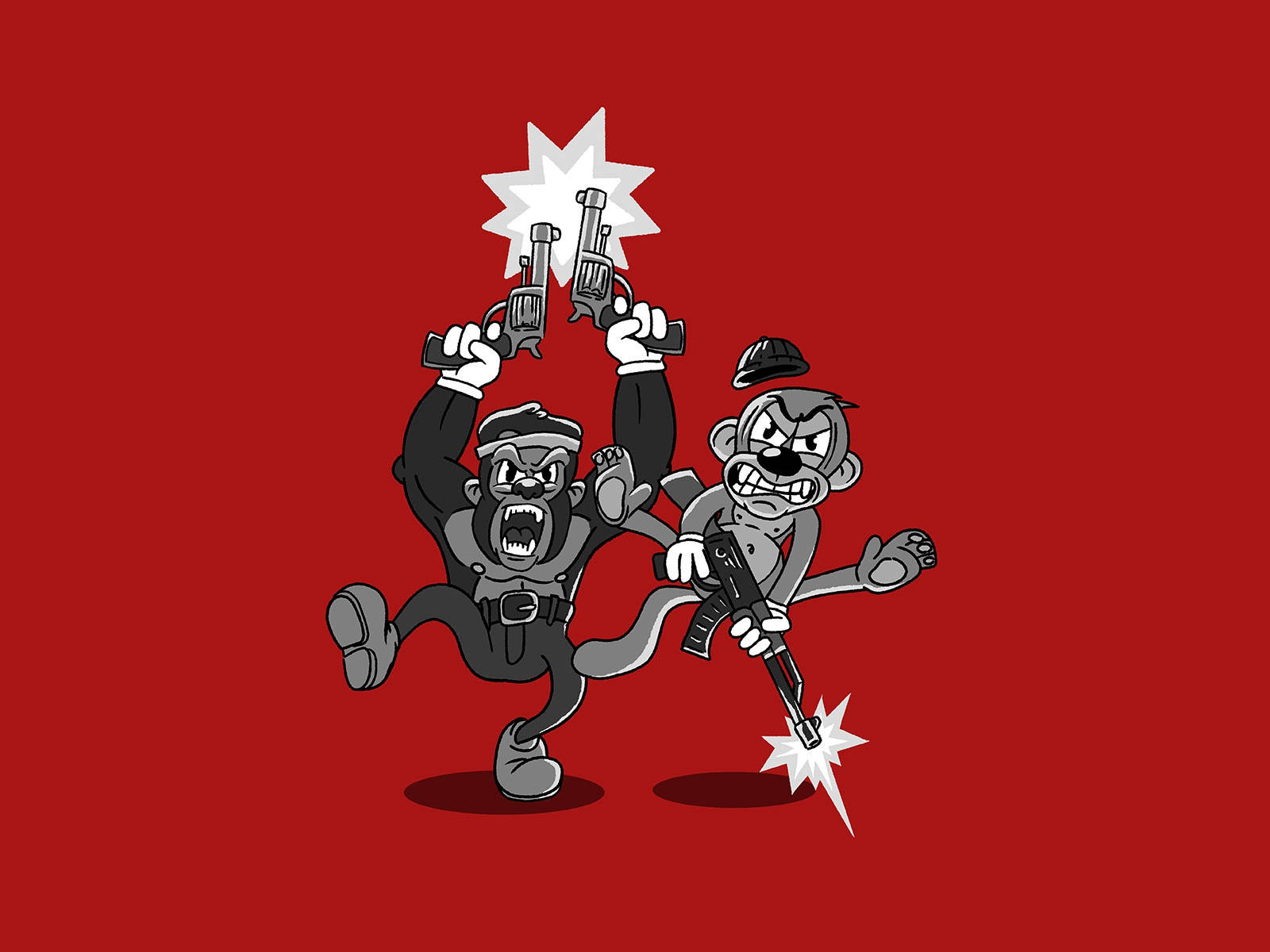 Gangsta Cartoon 桌布 壁紙 — 兩隻身穿軍裝的卡通猴子在純紅色背景上發射帶有爆炸性星爆的槍支。