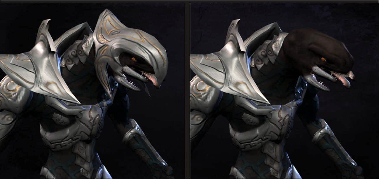 Halo Arbiter 桌布 壁紙 — 兩隻身穿金屬銀色裝甲、擁有發光橙色眼睛的奇幻生物，在黑暗背景中並肩站立。
