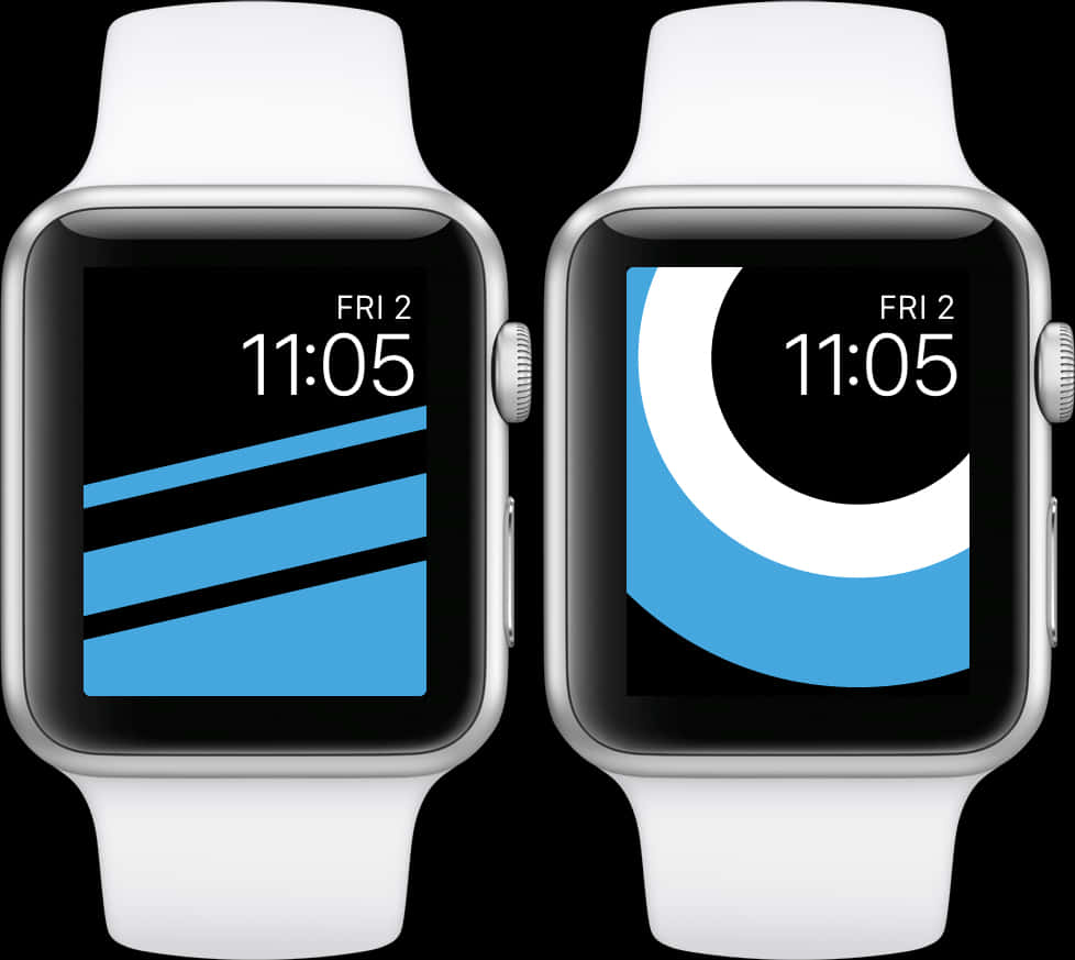 Apple Watch 動態 桌布 壁紙 — 兩隻配備白色錶帶的Apple Watch在黑色背景上顯示簡約的藍色和黑色錶面。