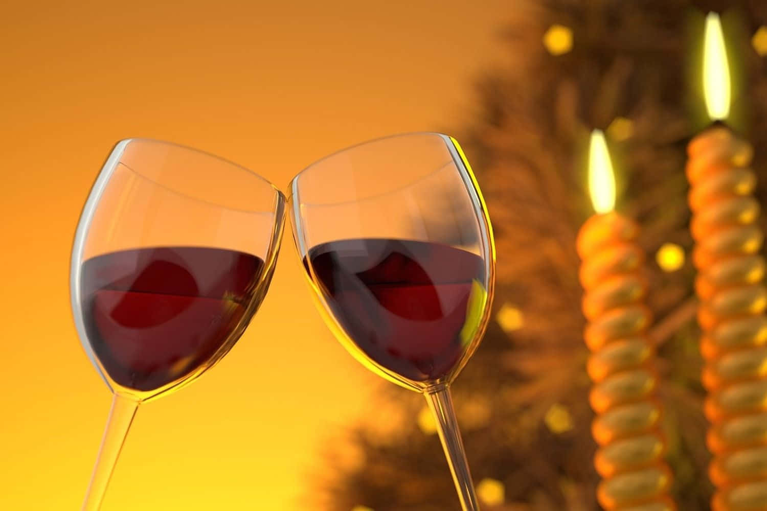 Red Wine Glass 桌布 壁紙 — 兩隻酒杯在溫暖的金色光芒中碰杯，旁邊是閃爍的蠟燭和模糊的節日樹。
