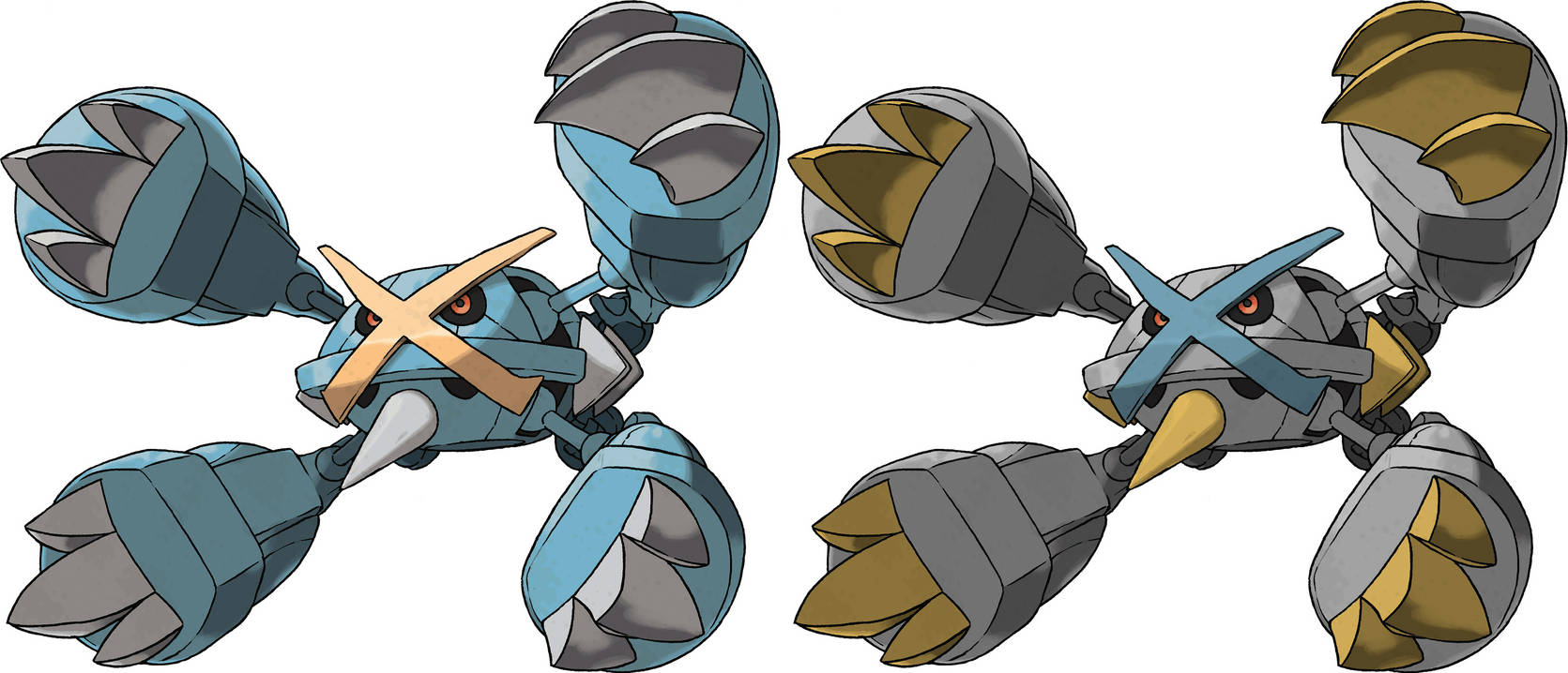 Metagross 桌布 壁紙 — 兩隻金屬質感的寶可夢，擁有藍色和金色的裝甲四肢，以及交叉的角狀附肢，面向白色背景前方。