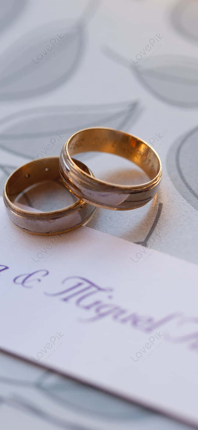 Wedding Ring 桌布 壁紙 — 兩隻金色結婚戒指優雅地放在帶有葉子圖案和名字的婚禮邀請函上。