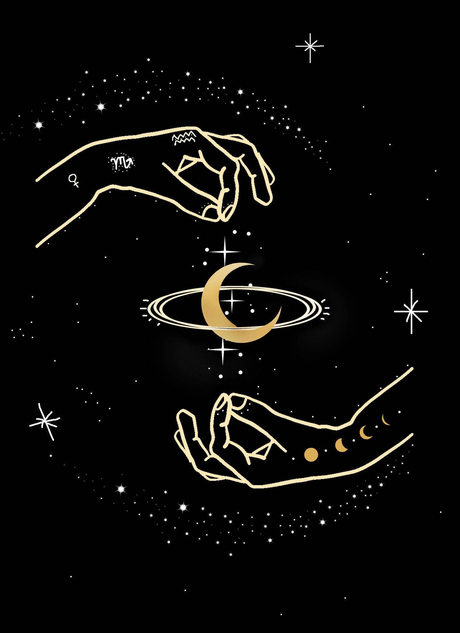 月亮與星星 桌布 壁紙 — 兩隻金色輪廓的手托著一彎新月和行星環，背景是繁星點點的黑色夜空。