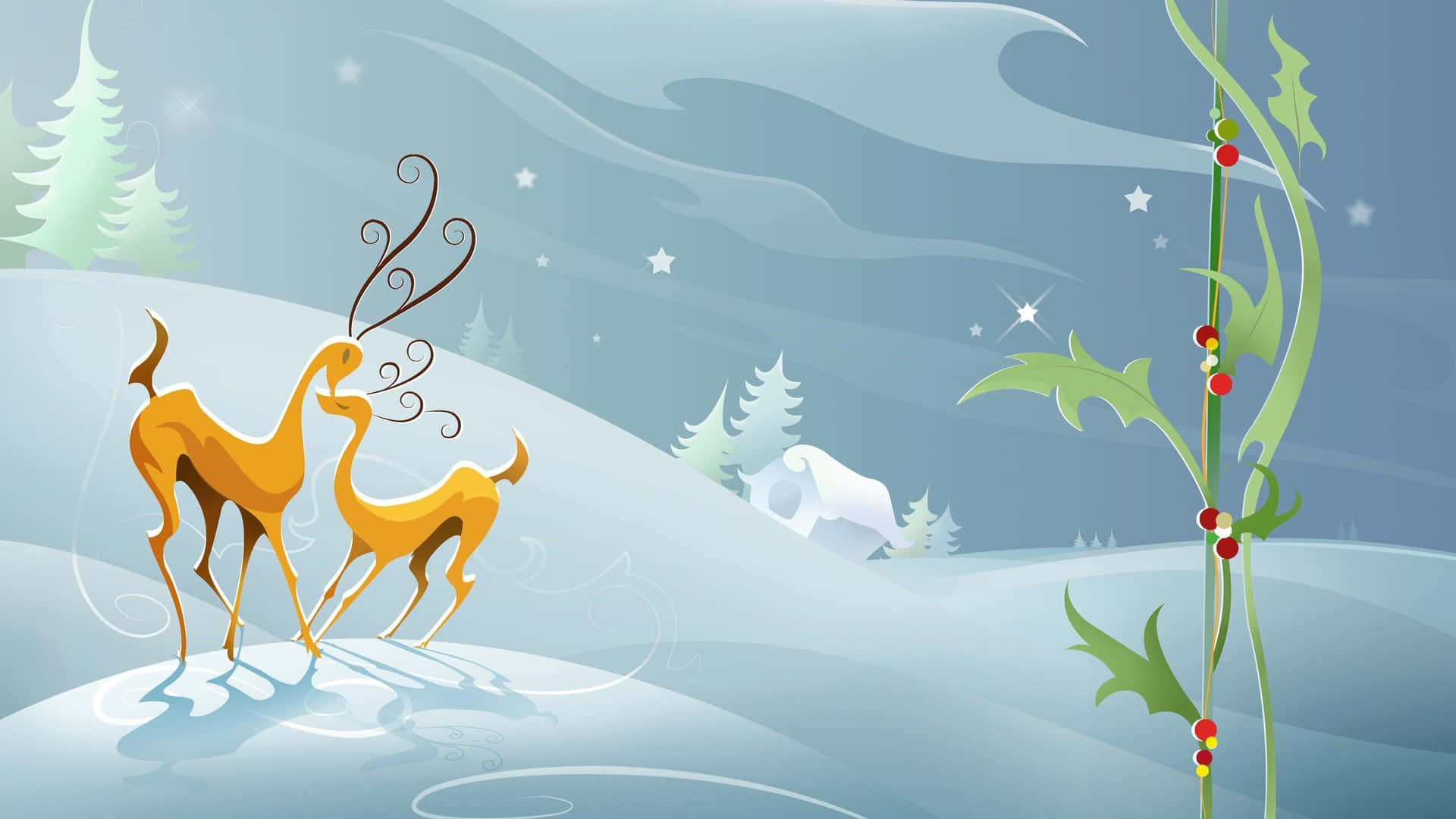 馴鹿 桌布 壁紙 — 兩隻金色鹿，鹿角呈漩渦狀，站在白雪覆蓋的山丘上，在繁星點點的冬日天空下，旁邊有一枝冬青樹枝。