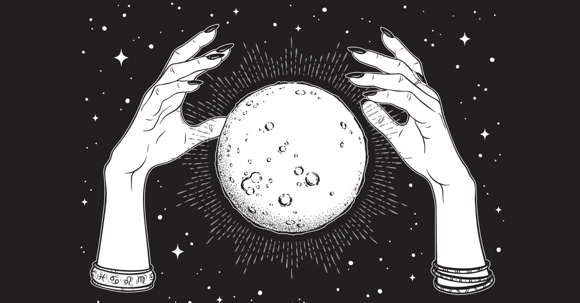 黑白美學動圖 桌布 壁紙 — 兩隻長指甲的手，在繁星點點的夜空下，輕輕托著一個細節豐富的月亮，呈現一幅鮮明的黑白插圖。