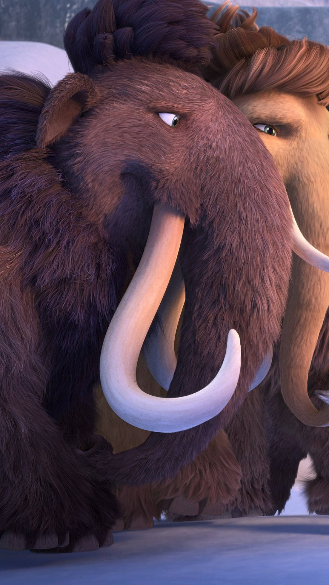 Ice Age 桌布 壁紙 — 兩隻長毛猛獁象，擁有濃密的棕色毛髮和彎曲的長牙，在雪地景觀中緊密地站在一起。