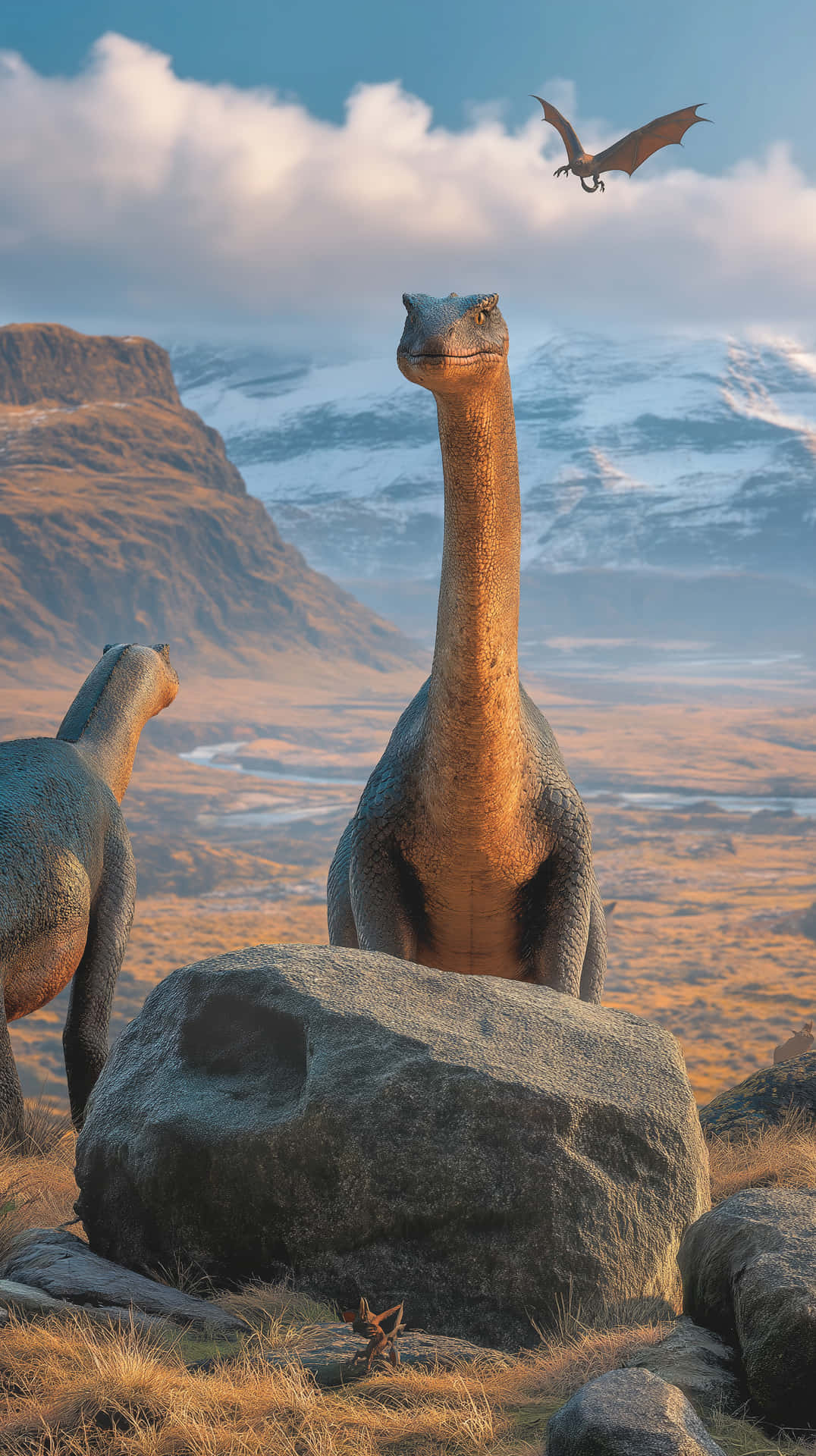 Prehistoric Giants in a Vast Mountainous Landscape 壁紙 — 兩隻長頸恐龍站在岩石地形上，一隻飛翔爬行動物在雲天下翱翔於積雪山脈之上。