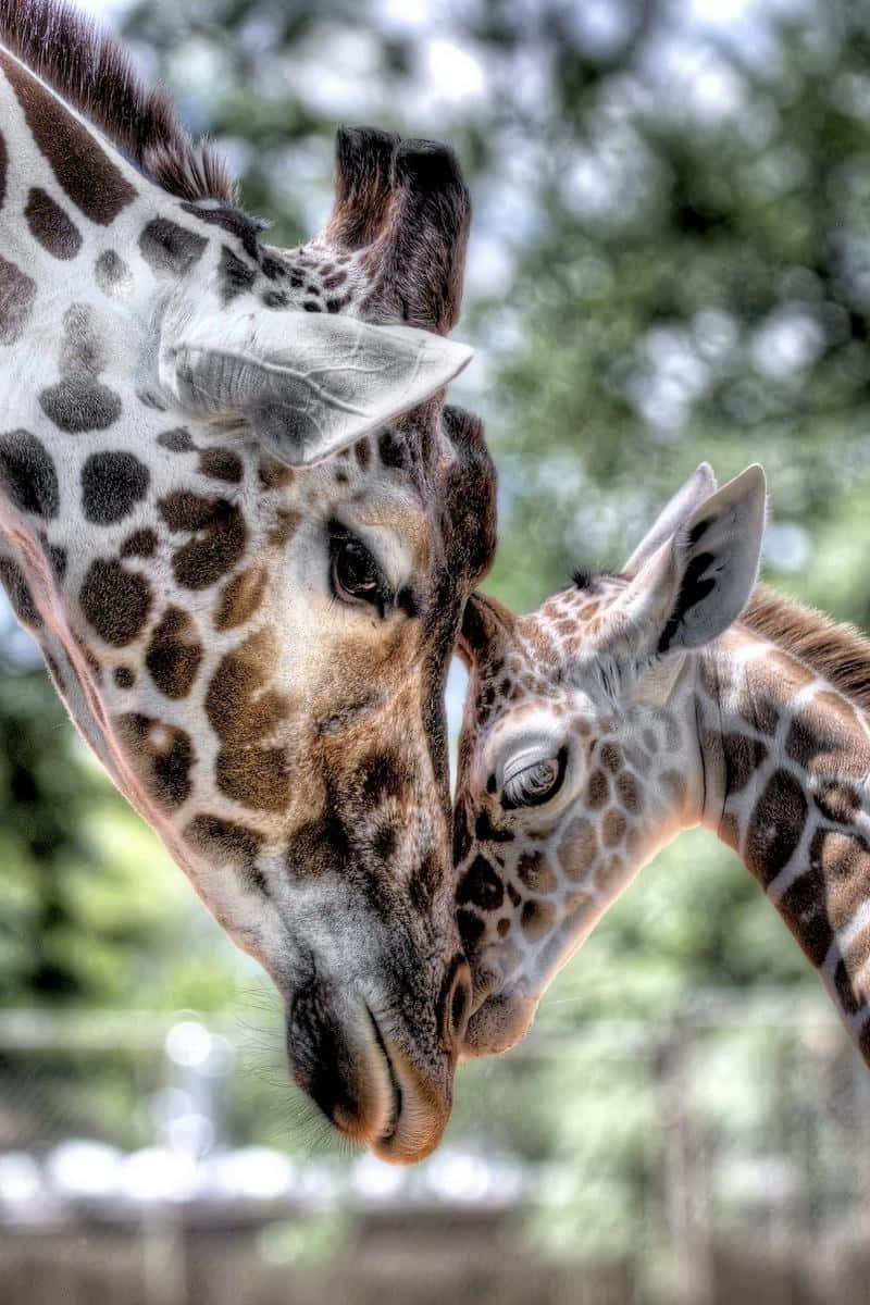 Baby Giraffe 桌布 壁紙 — 兩隻長頸鹿在柔和日光下，以模糊的綠色樹葉為背景，親暱地互相磨蹭。