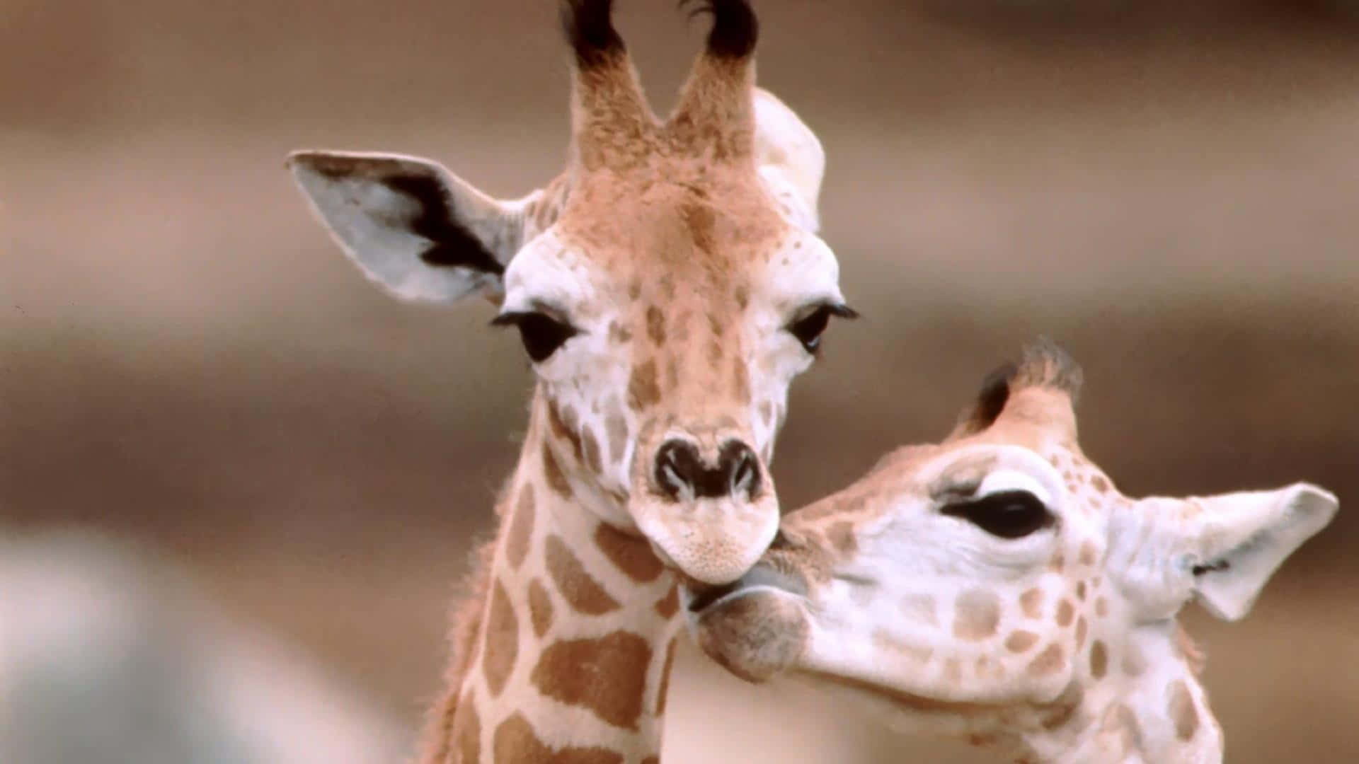 Baby Giraffe 桌布 壁紙 — 兩隻長頸鹿親暱地依偎，柔和焦點的背景突顯了牠們斑點皮毛和溫柔的表情。