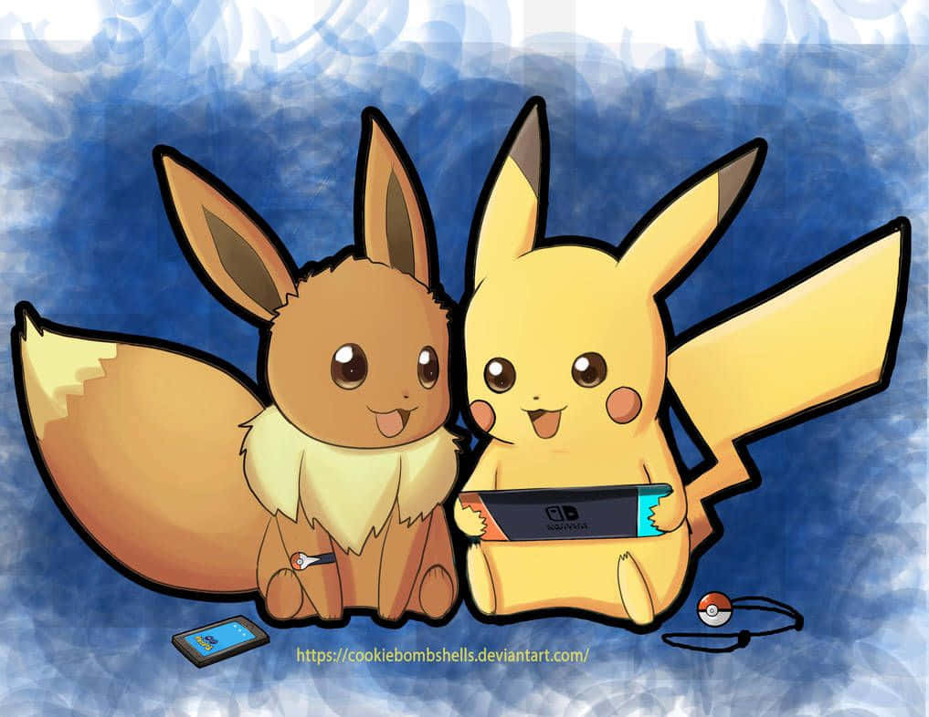 Cute Pikachu And Eevee 桌布 壁紙 — 兩隻開心的 Pokémon 伊布和皮卡丘一起坐在藍色紋理背景上，開心地拿著一台 Nintendo Switch。