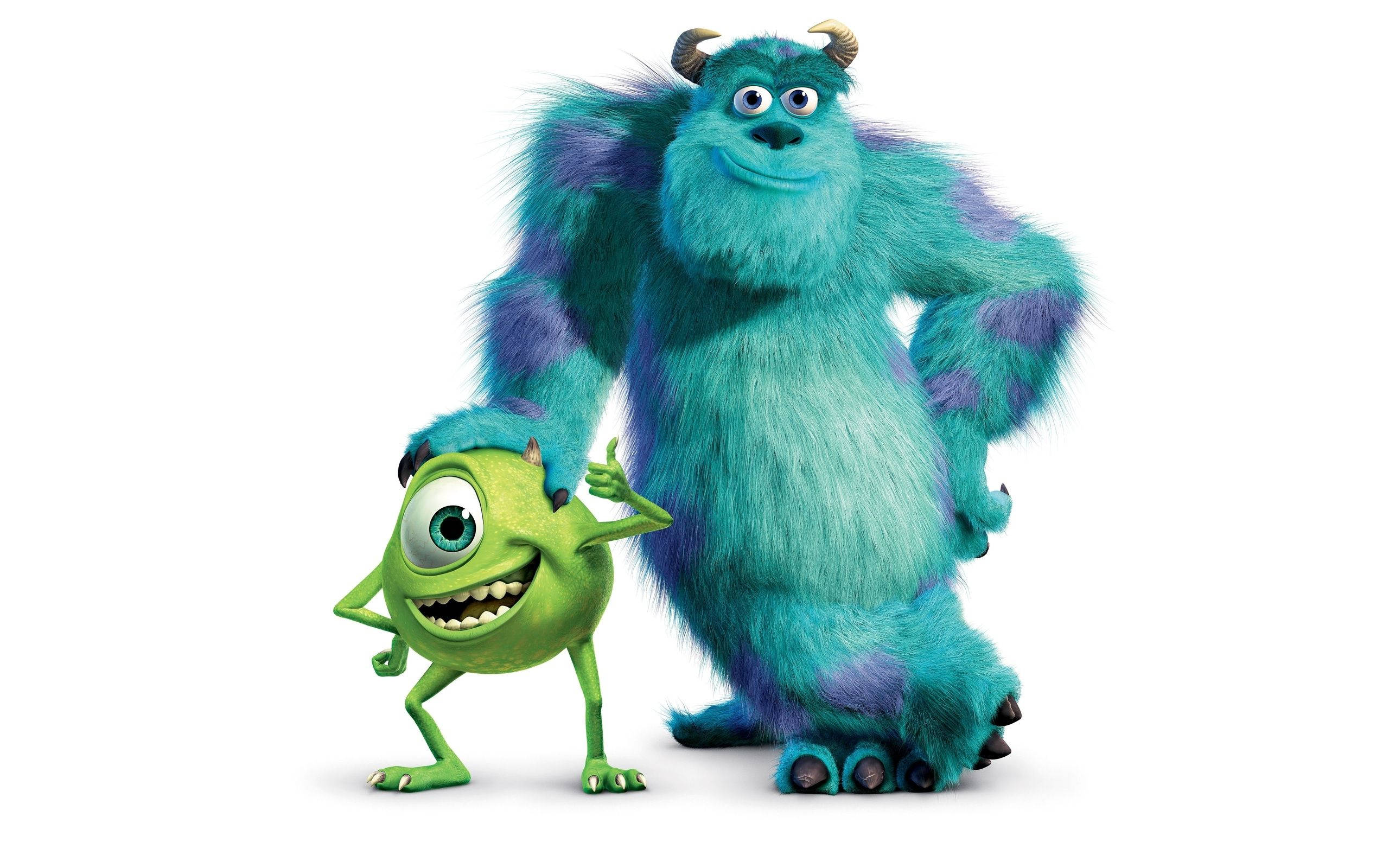 sulley 桌布 壁紙 — 兩隻開心的動畫怪物，一隻綠色一隻藍色有角，站在純白色背景前微笑。