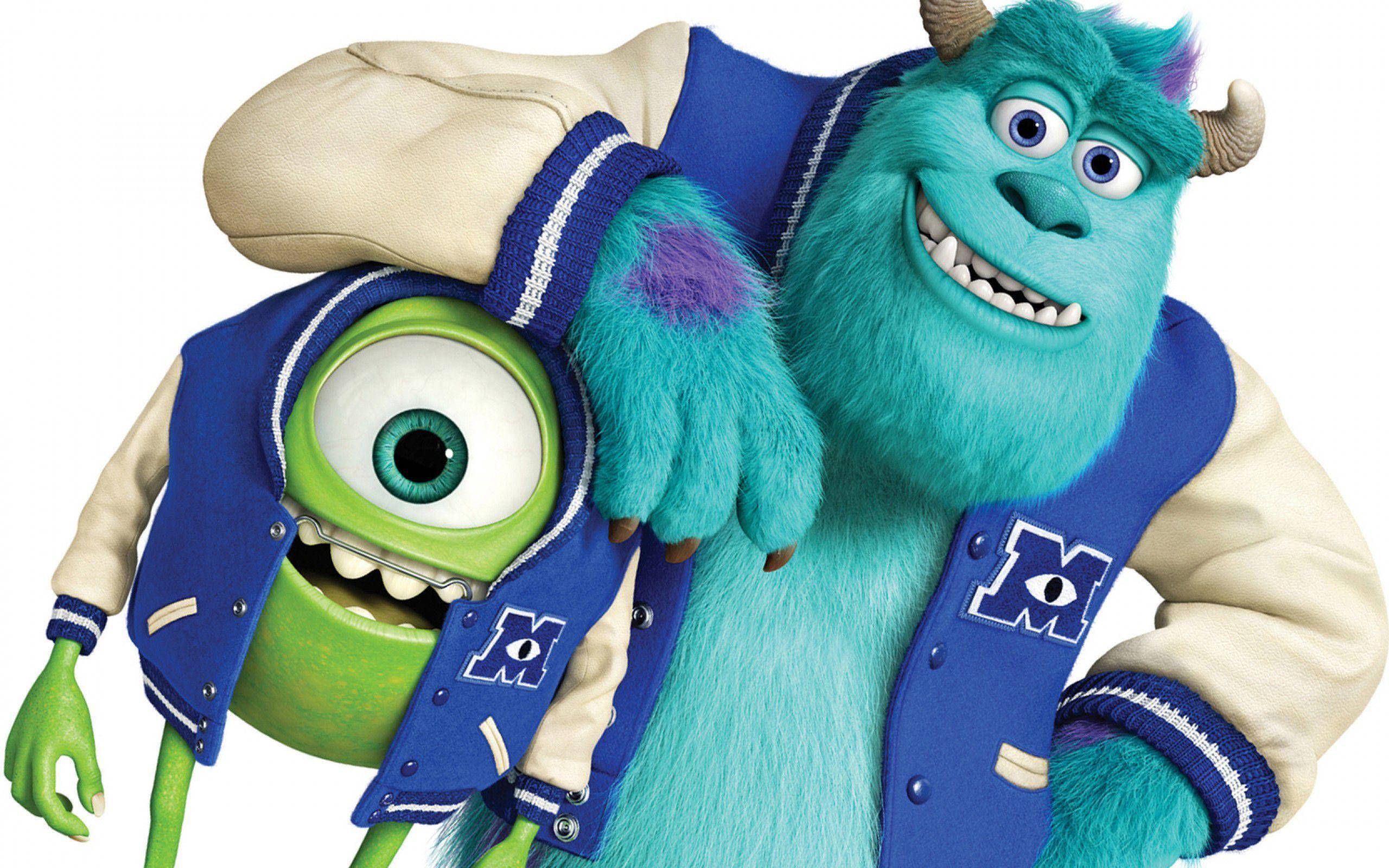 sulley 桌布 壁紙 — 兩隻開心的動畫怪物穿著相配的藍色和奶油色字母外套，在白色背景前露出燦爛笑容擺姿勢。