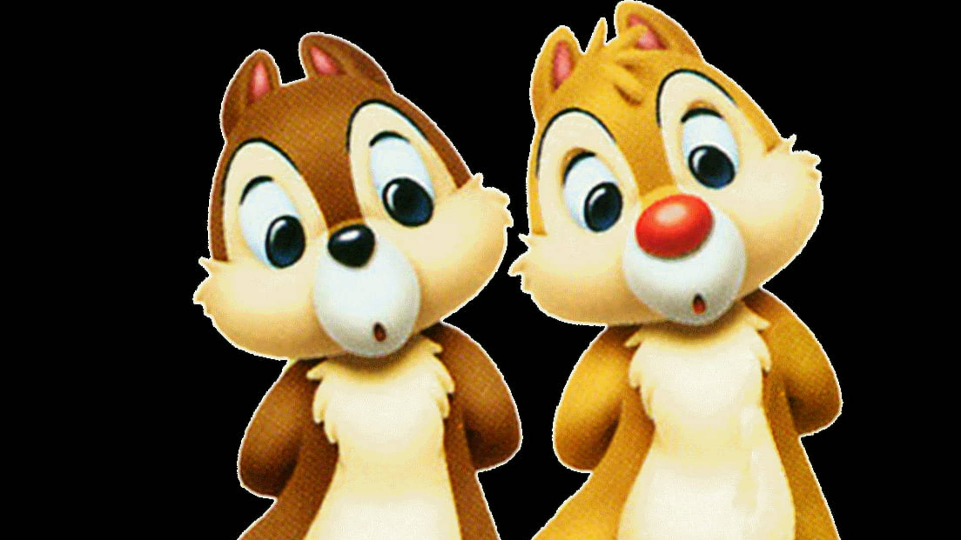 Chipmunks 桌布 壁紙 — 兩隻開心的卡通花栗鼠，有大眼睛和紅色鼻子，並排站在黑色背景前。