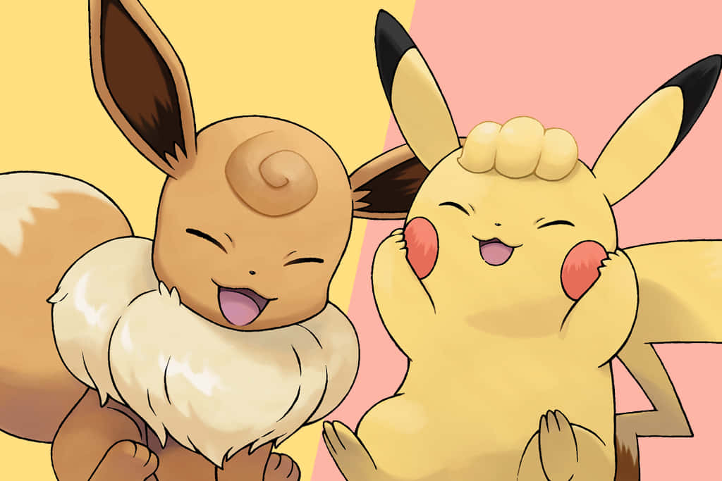 Cute Pikachu And Eevee 桌布 壁紙 — 兩隻開心的寶可夢伊布和皮卡丘在柔和的黃色和粉紅色背景前閉眼擁抱。