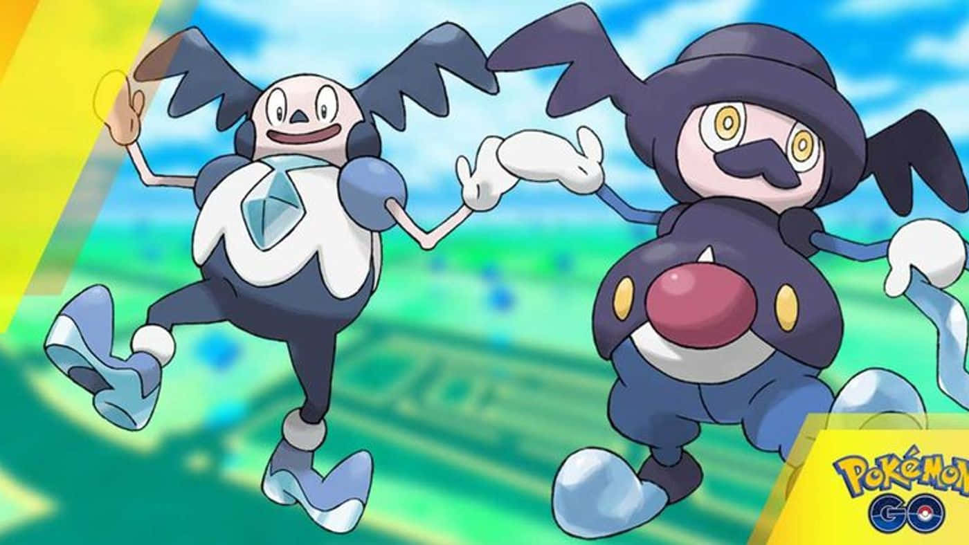 寶可夢 桌布 壁紙 — 兩隻開心的寶可夢在充滿活力的漸變背景和PokéGO標誌前歡快地跳舞。