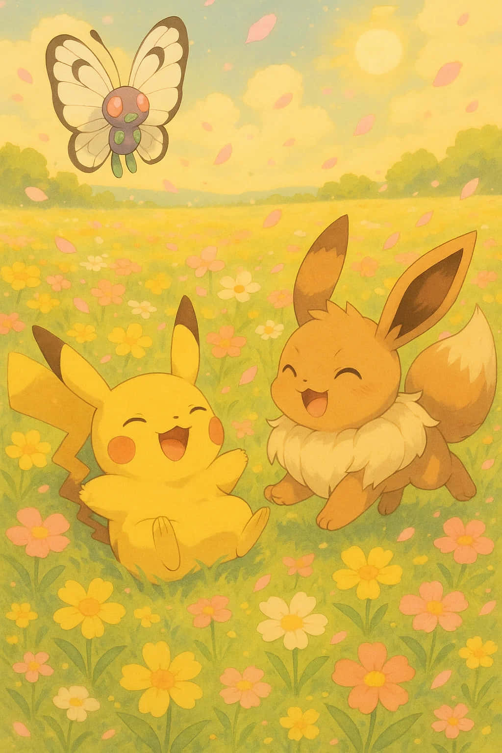 Pikachu HD Wallpaper WEBP 4K Background Download 壁紙 — 兩隻開心的寶可夢皮卡丘和伊布在陽光明媚的黃色和粉紅色花田中歡笑，一隻蝴蝶在頭頂飛過。