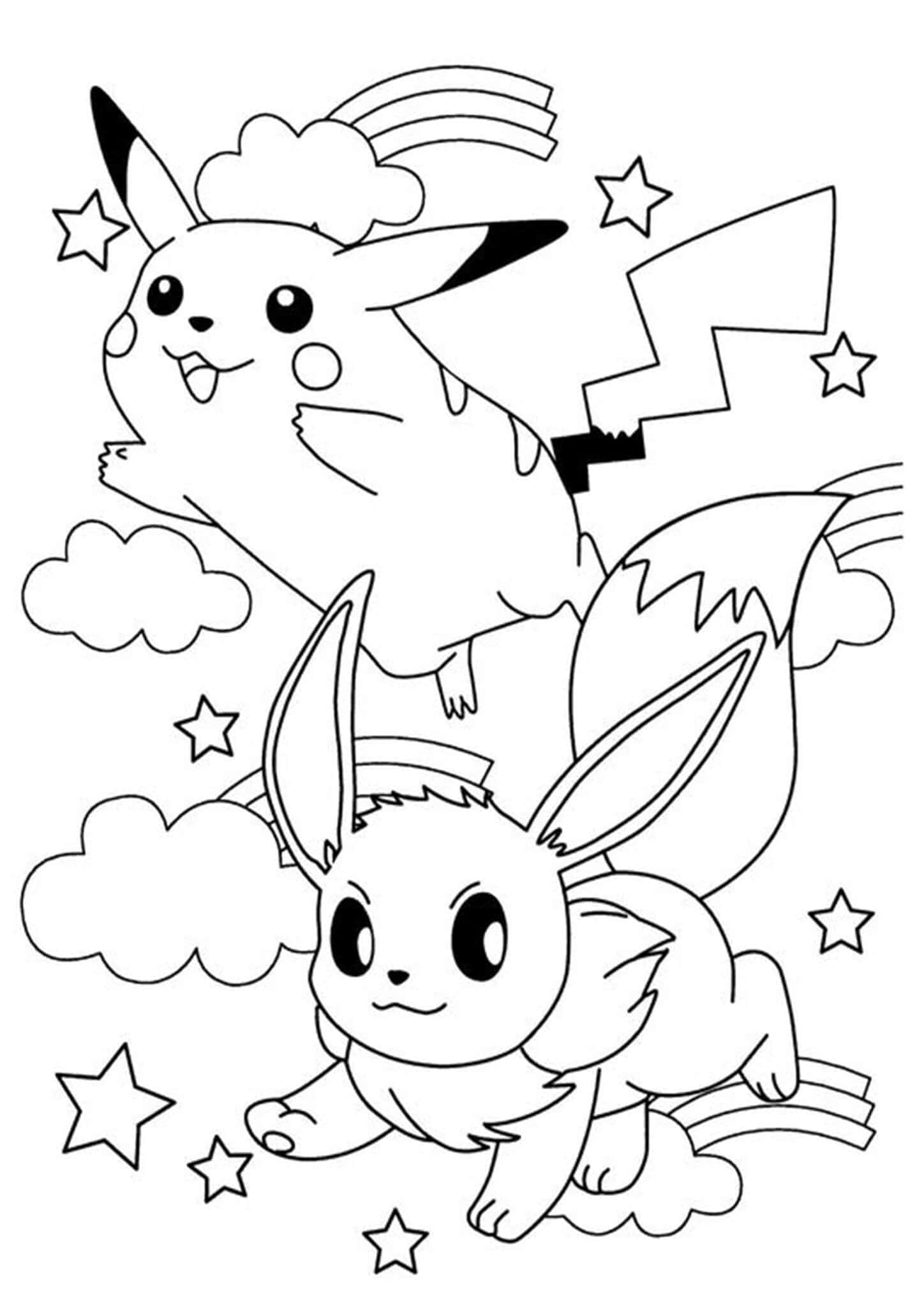 Pokemon Coloring 桌布 壁紙 — 兩隻開心的寶可夢皮卡丘和伊布在雲朵和星星間快樂跳躍，呈現出俏皮的黑白線條藝術插圖。