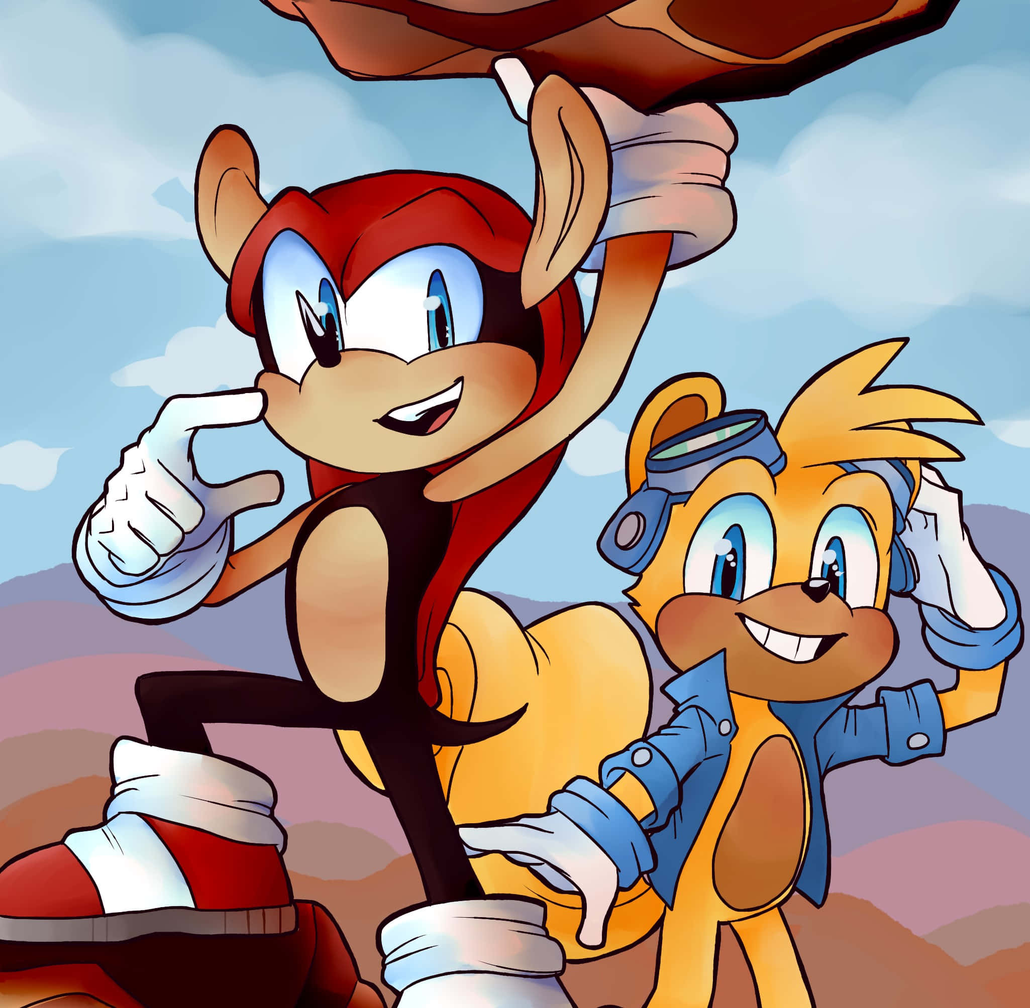 Ray The Flying Squirrel 桌布 壁紙 — 兩隻開心的擬人化狐狸在多雲的天空下動態擺姿勢，其中一隻舉起一塊巨大的石頭在頭頂。