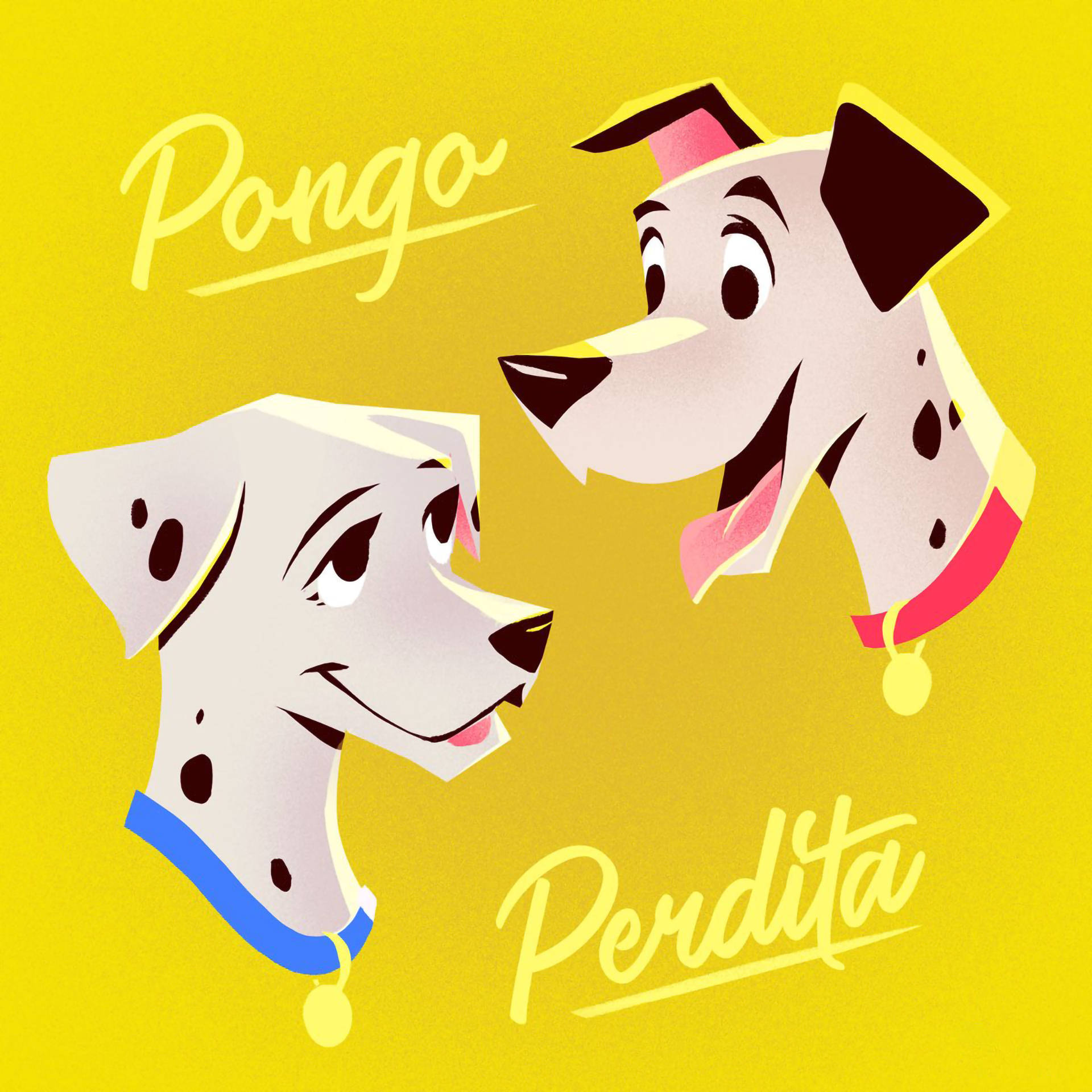 101忠狗 桌布 壁紙 — 兩隻開心的斑點狗 Pongo 和 Perdita 在鮮黃色背景上互相凝視。