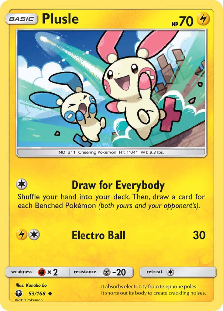 Pokemon Card 桌布 壁紙 — 兩隻開心的正電拍拍寶可夢在充滿雲朵和電火花的動感藍天下歡快地跳躍。