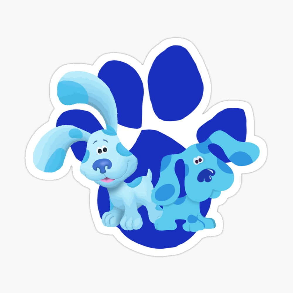 blue's clues 桌布 壁紙 — 兩隻開心的藍色卡通狗，身上有斑點毛髮，坐在一個大藍色腳印貼紙裡面。