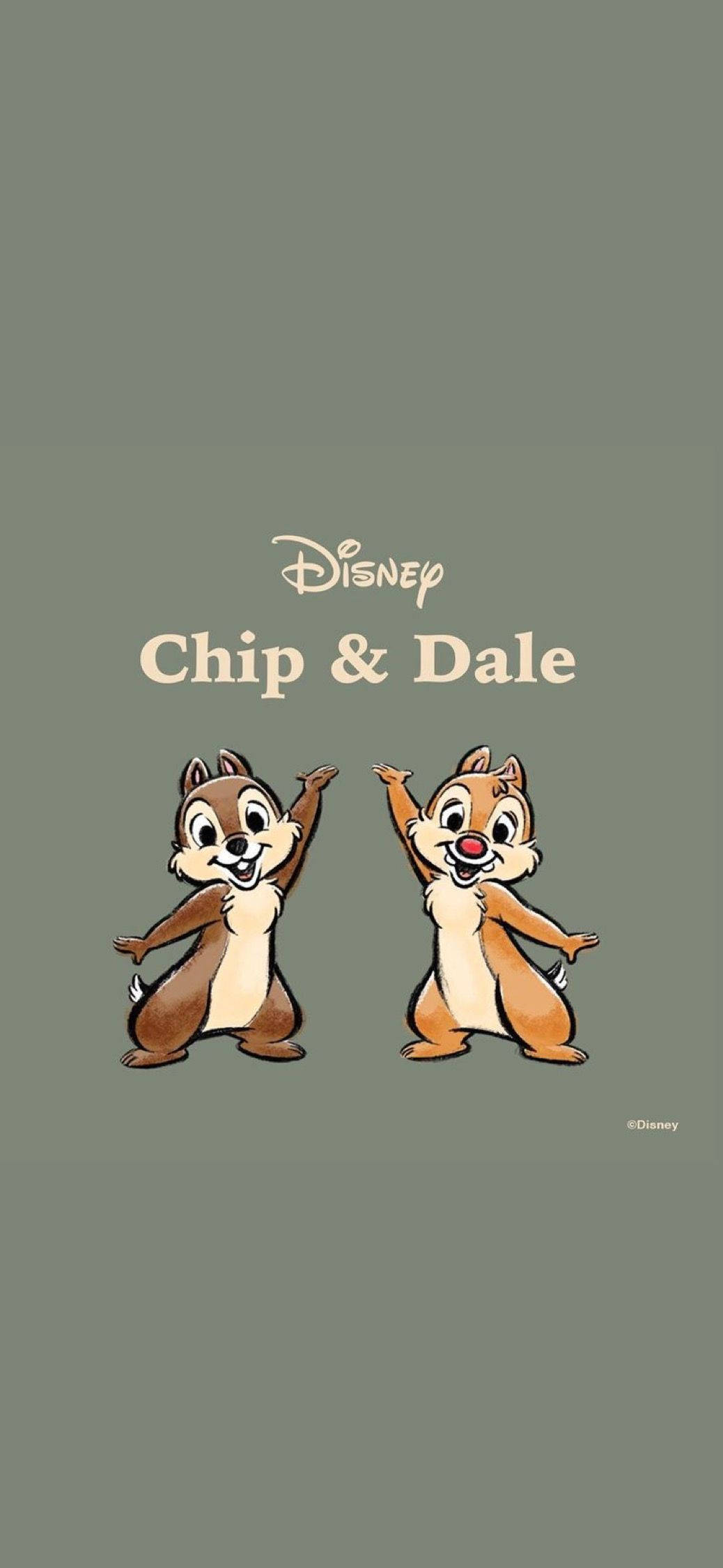 Chip 桌布 壁紙 — 兩隻開心的迪士尼花栗鼠奇奇與蒂蒂在柔和的橄欖色背景上快樂地跳舞，上方有他們的名字和標誌。